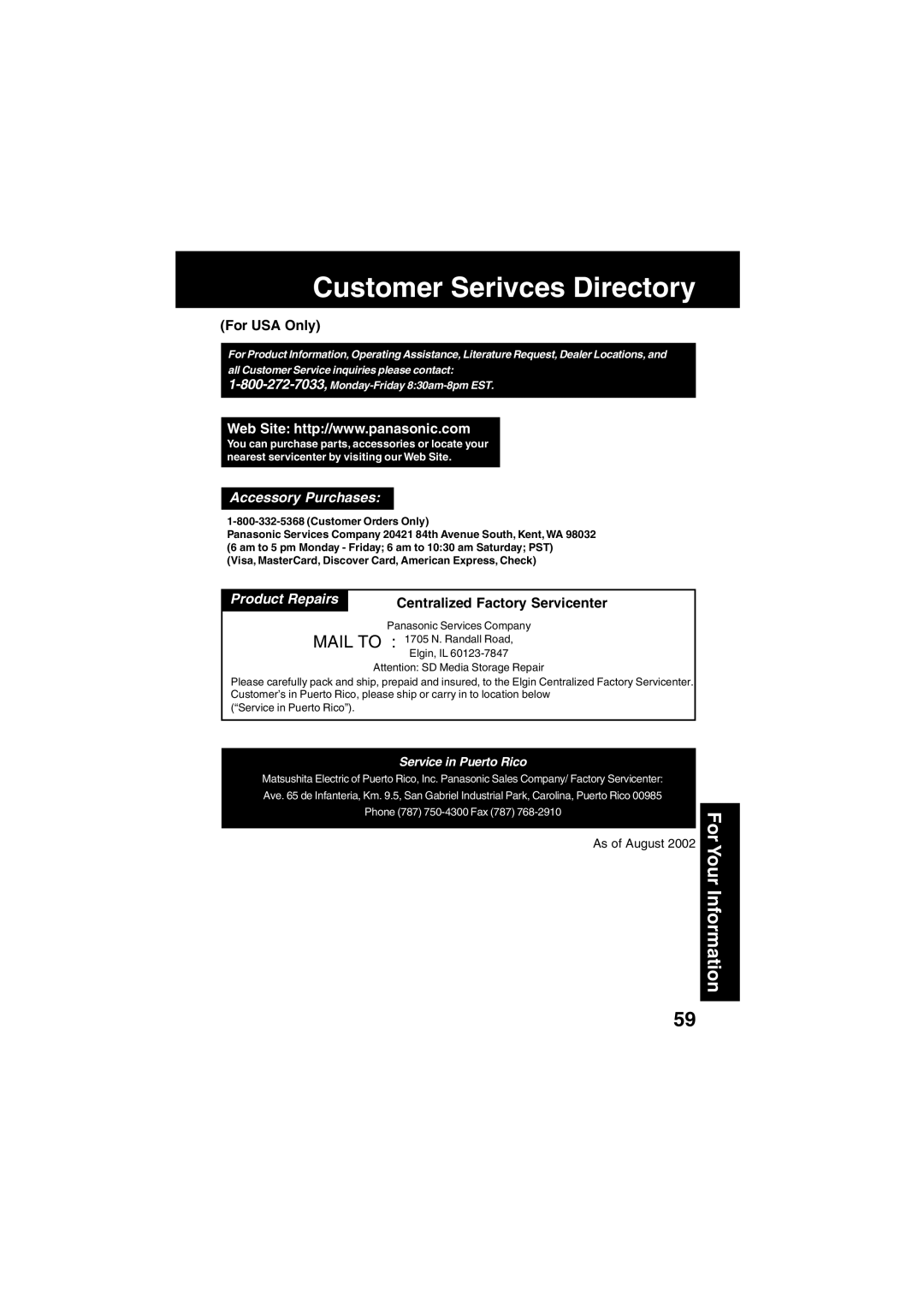 Panasonic SV-PT1PP Customer Serivces Directory, For USA Only, Product Repairs Centralized Factory Servicenter 