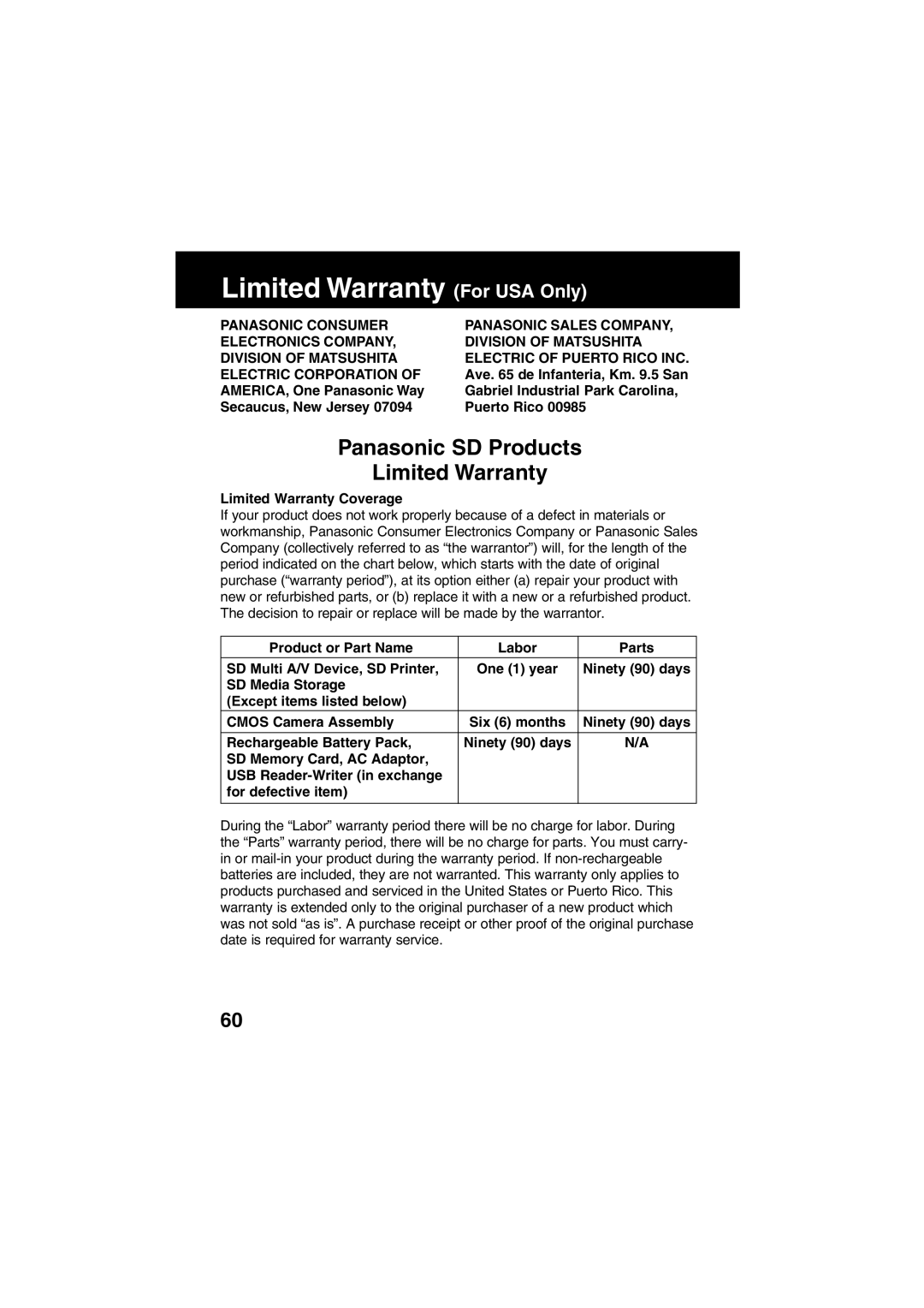 Panasonic SV-PT1PP operating instructions Limited Warranty For USA Only, Limited Warranty Coverage 