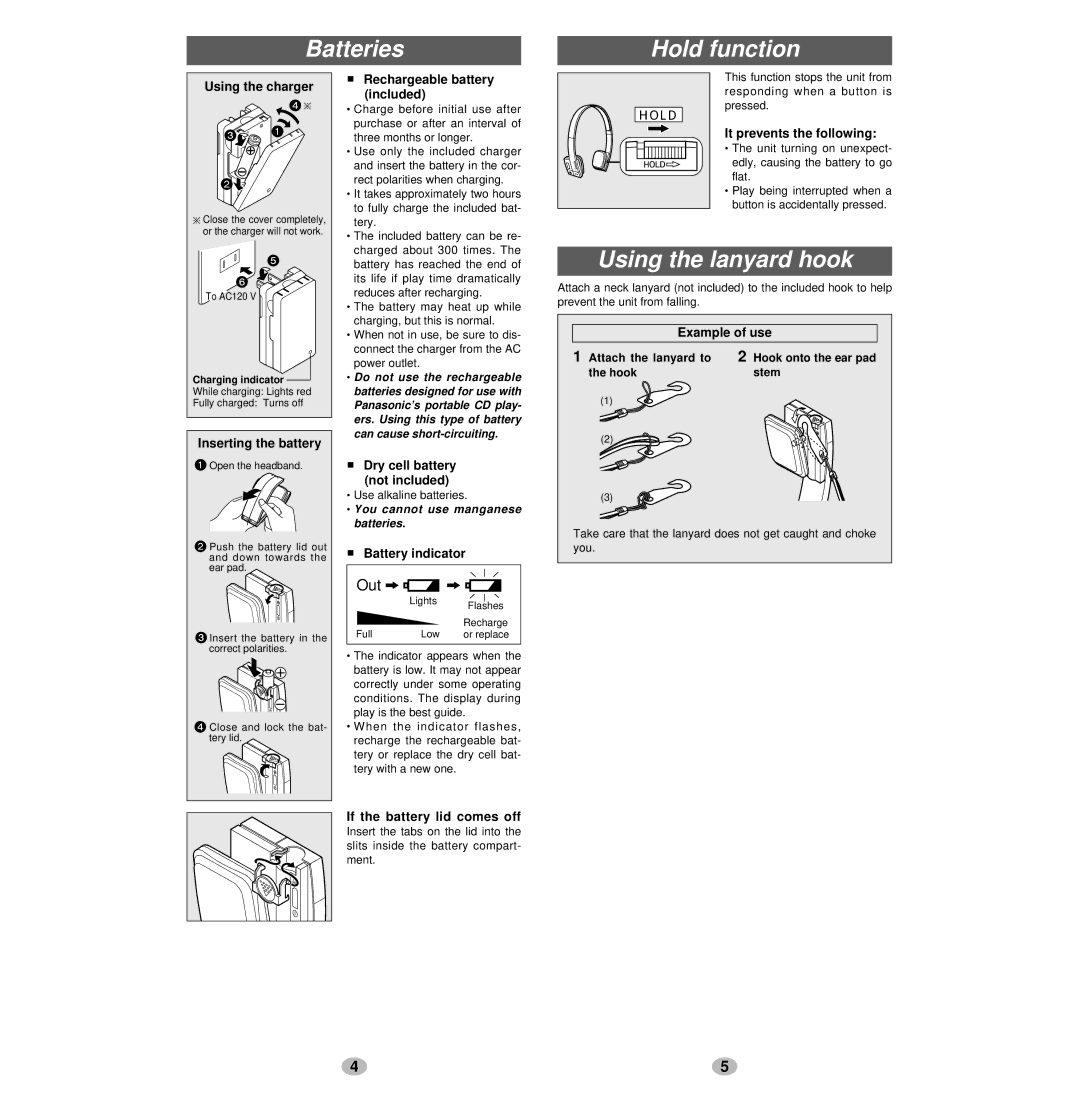 Panasonic SV-SD05 manual Batteries Hold function, Using the lanyard hook, Out 