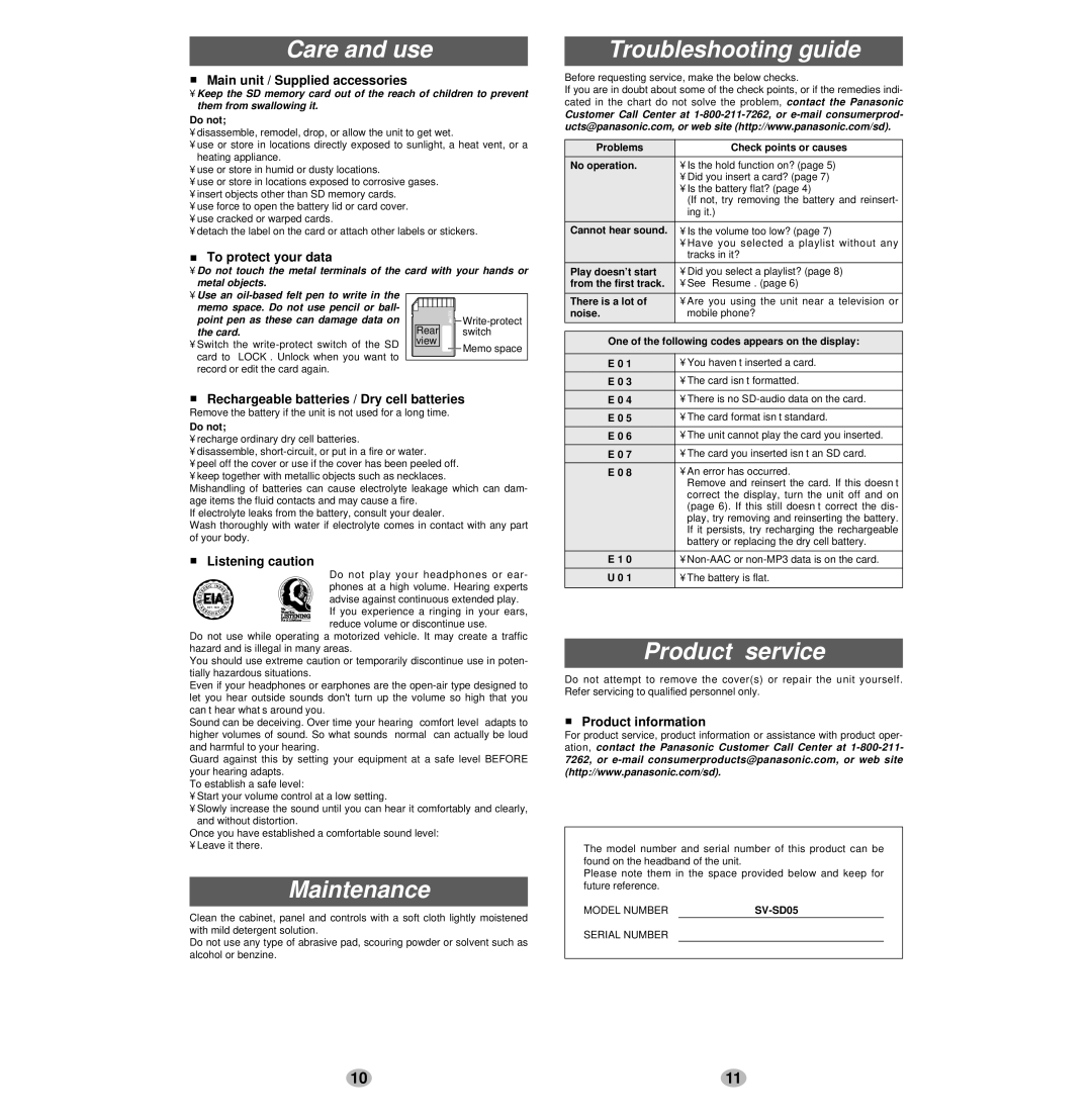 Panasonic SV-SD05 manual Care and use, Maintenance, Troubleshooting guide, Product service 