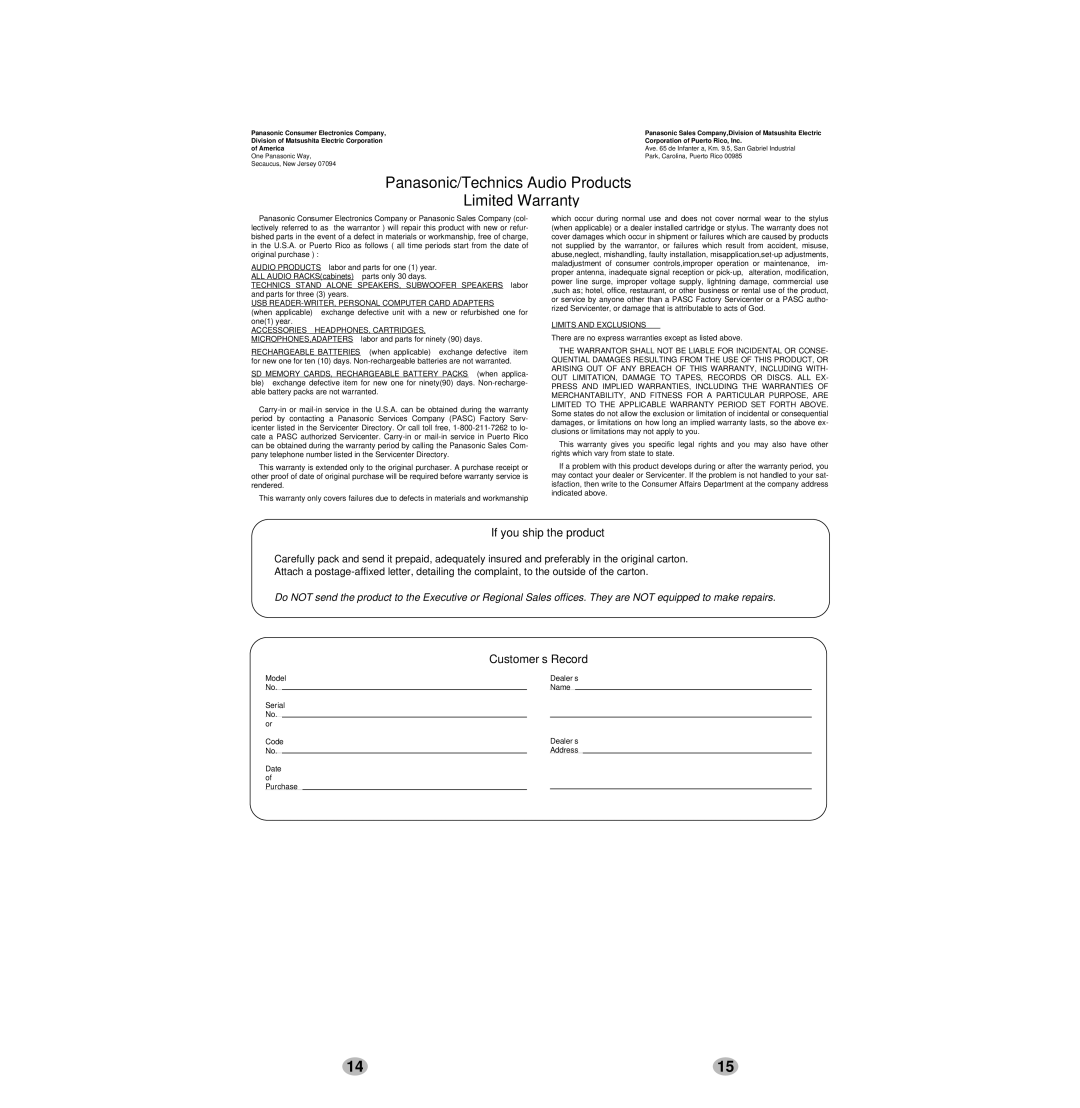 Panasonic SV-SD05 Panasonic/Technics Audio Products Limited Warranty, USB READER-WRITER, Personal Computer Card Adapters 
