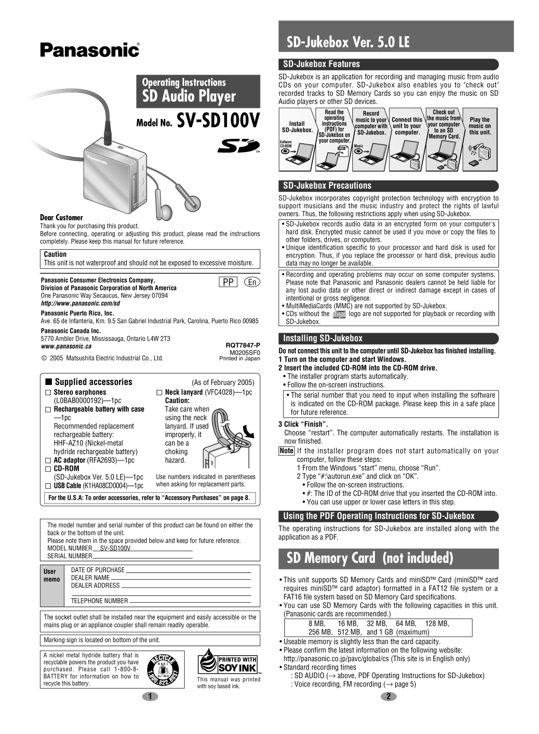 Panasonic SV-SD100V operating instructions SD-Jukebox Ver .0 LE, SD Memory Card not included, SD-Jukebox Features 