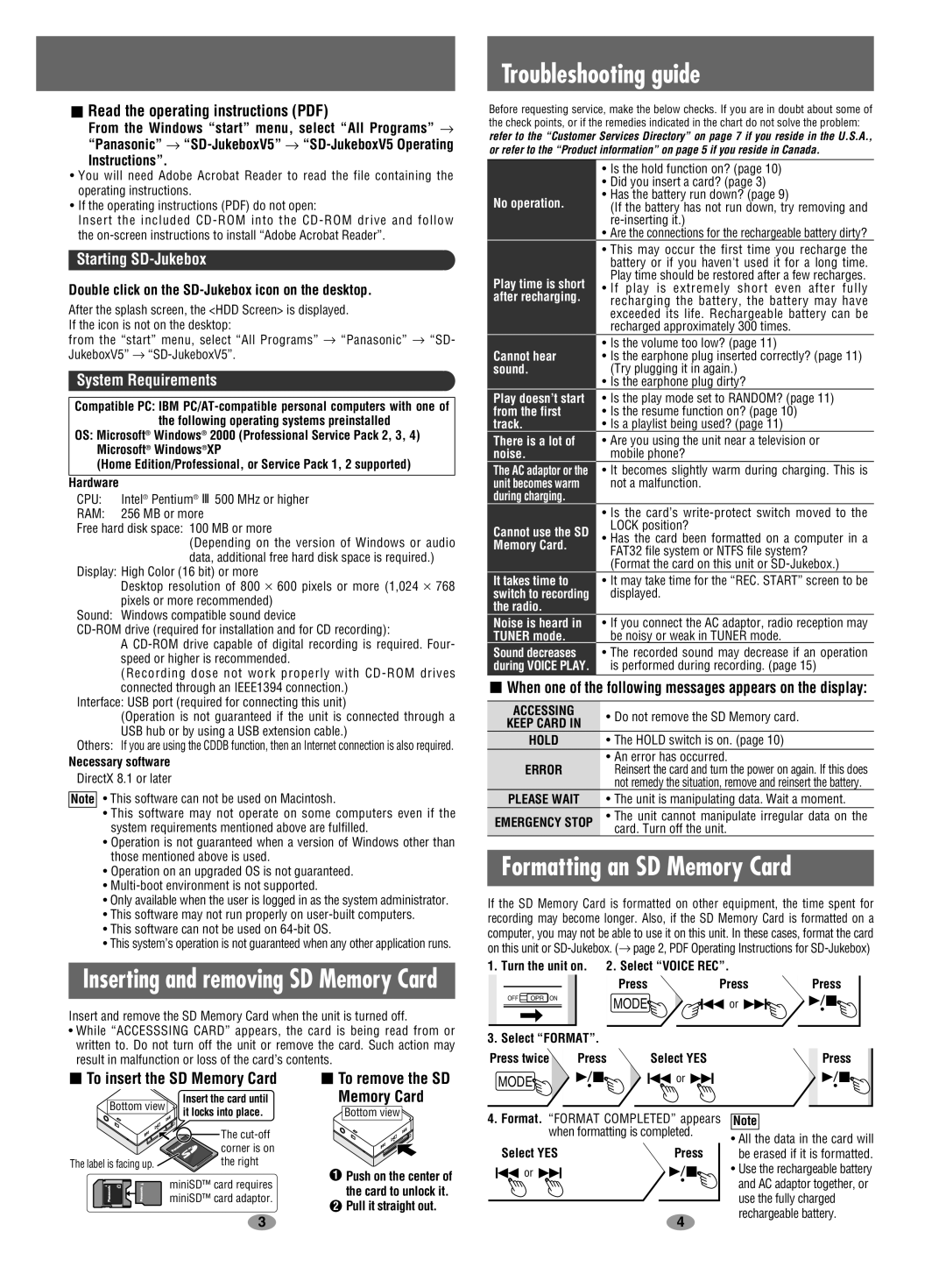 Panasonic SV-SD100V Troubleshooting guide, Formatting an SD Memory Card, Starting SD-Jukebox, System Requirements 