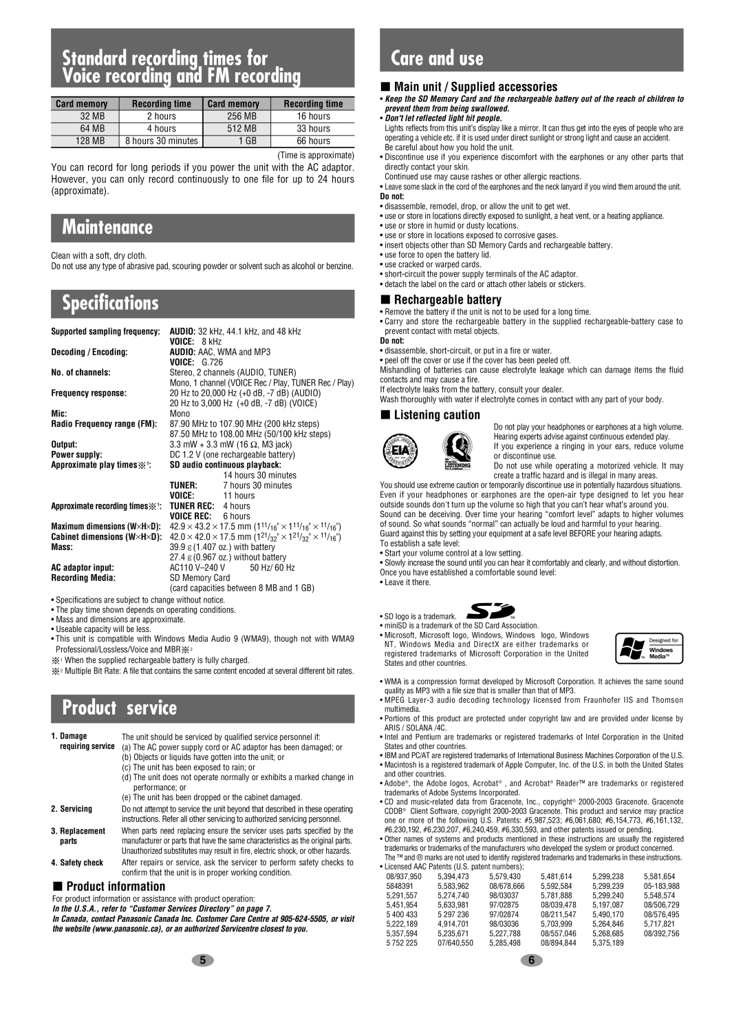 Panasonic SV-SD100V operating instructions Maintenance, Specifications, Product service, Product information 