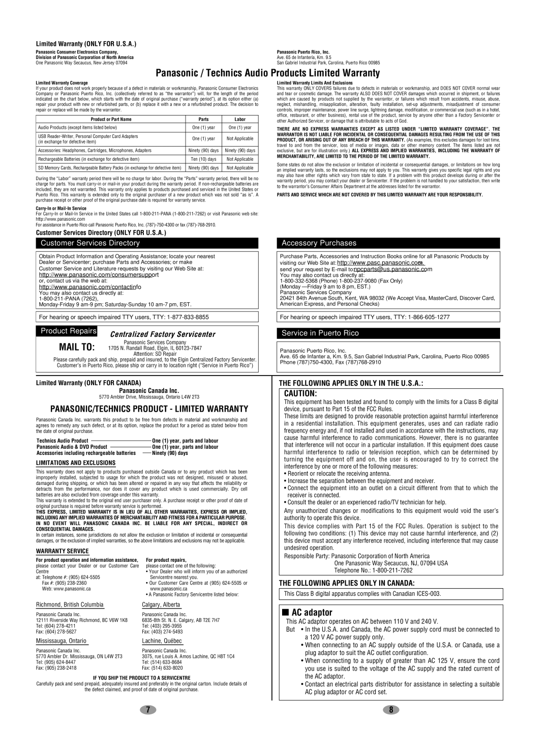 Panasonic SV-SD100V AC adaptor, Panasonic / Technics Audio Products Limited Warranty, Following Applies only in the U.S.A 