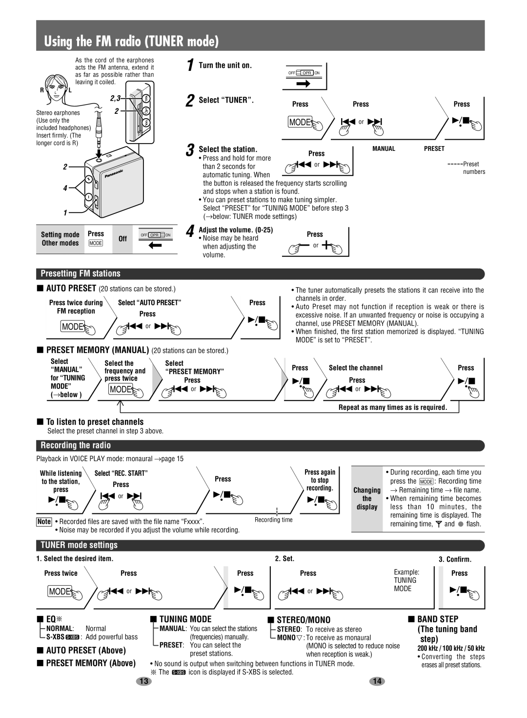 Panasonic SV-SD100V Using the FM radio Tuner mode, Presetting FM stations, Recording the radio, Tuner mode settings 