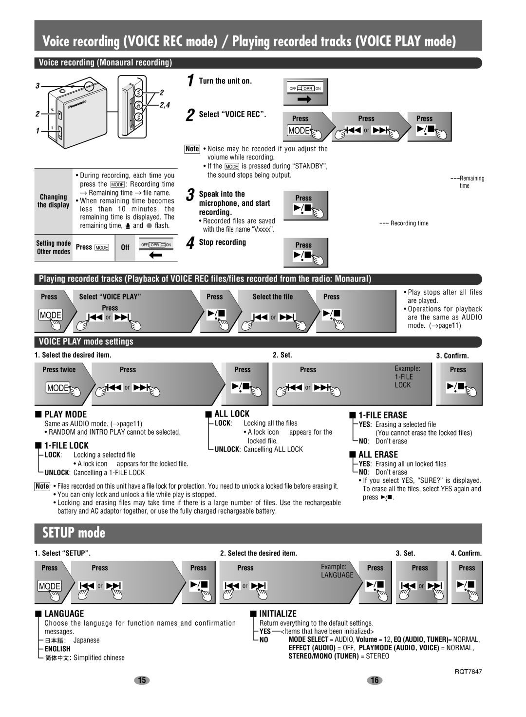 Panasonic SV-SD100V operating instructions Setup mode 