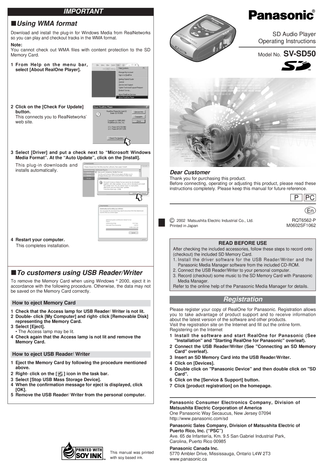 Panasonic SV-SD50 operating instructions Registration, How to eject Memory Card, How to eject USB Reader/ Writer 