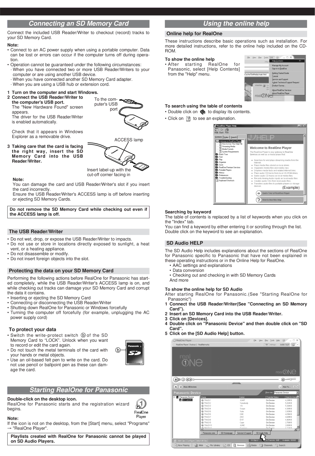 Panasonic SV-SD50 Connecting an SD Memory Card, Starting RealOne for Panasonic, Using the online help 