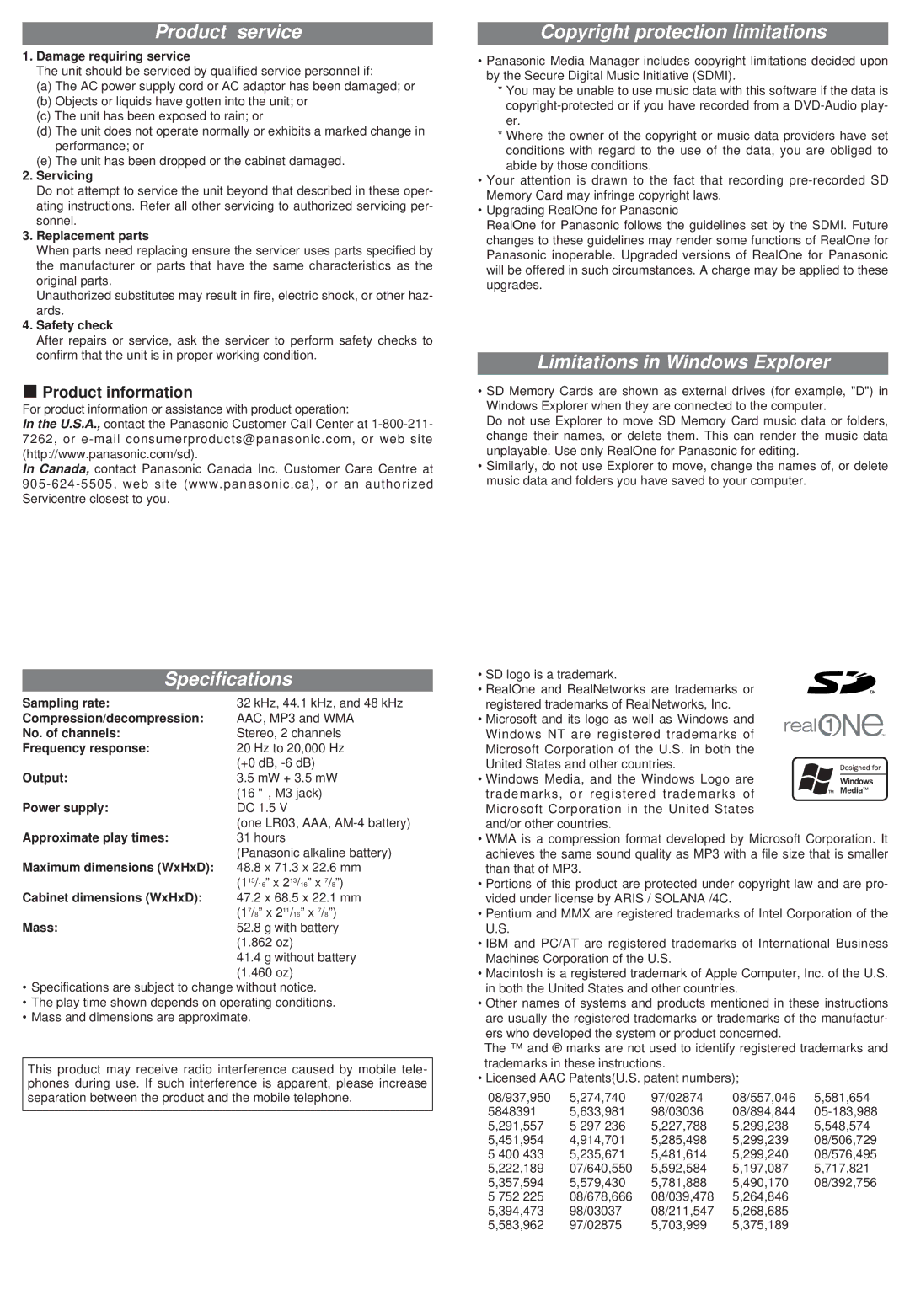 Panasonic SV-SD50 Product service, Specifications, Copyright protection limitations, Limitations in Windows Explorer 