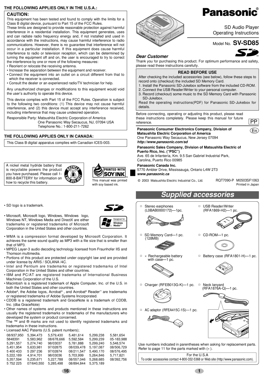 Panasonic SV-SD85 operating instructions Supplied accessories, Following Applies only in the U.S.A, Read Before USE 