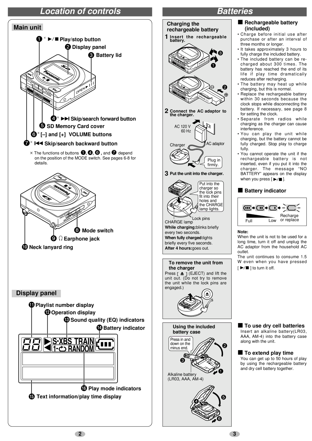 Panasonic SV-SD85 operating instructions Location of controls Batteries, Main unit, Display panel 