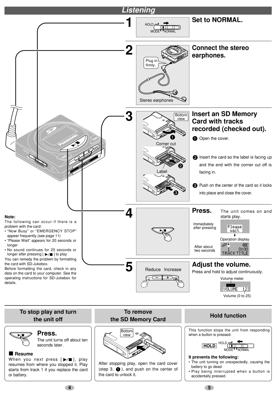 Panasonic SV-SD85 operating instructions Listening 