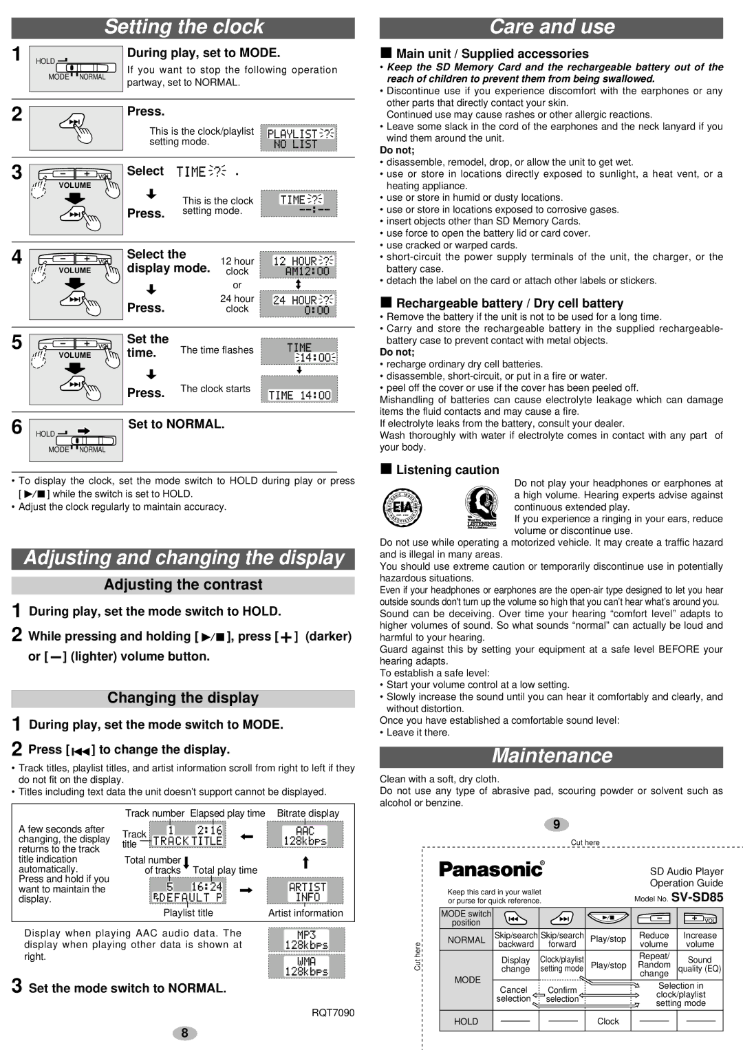 Panasonic SV-SD85 Setting the clock, Care and use, Adjusting and changing the display, Adjusting the contrast 