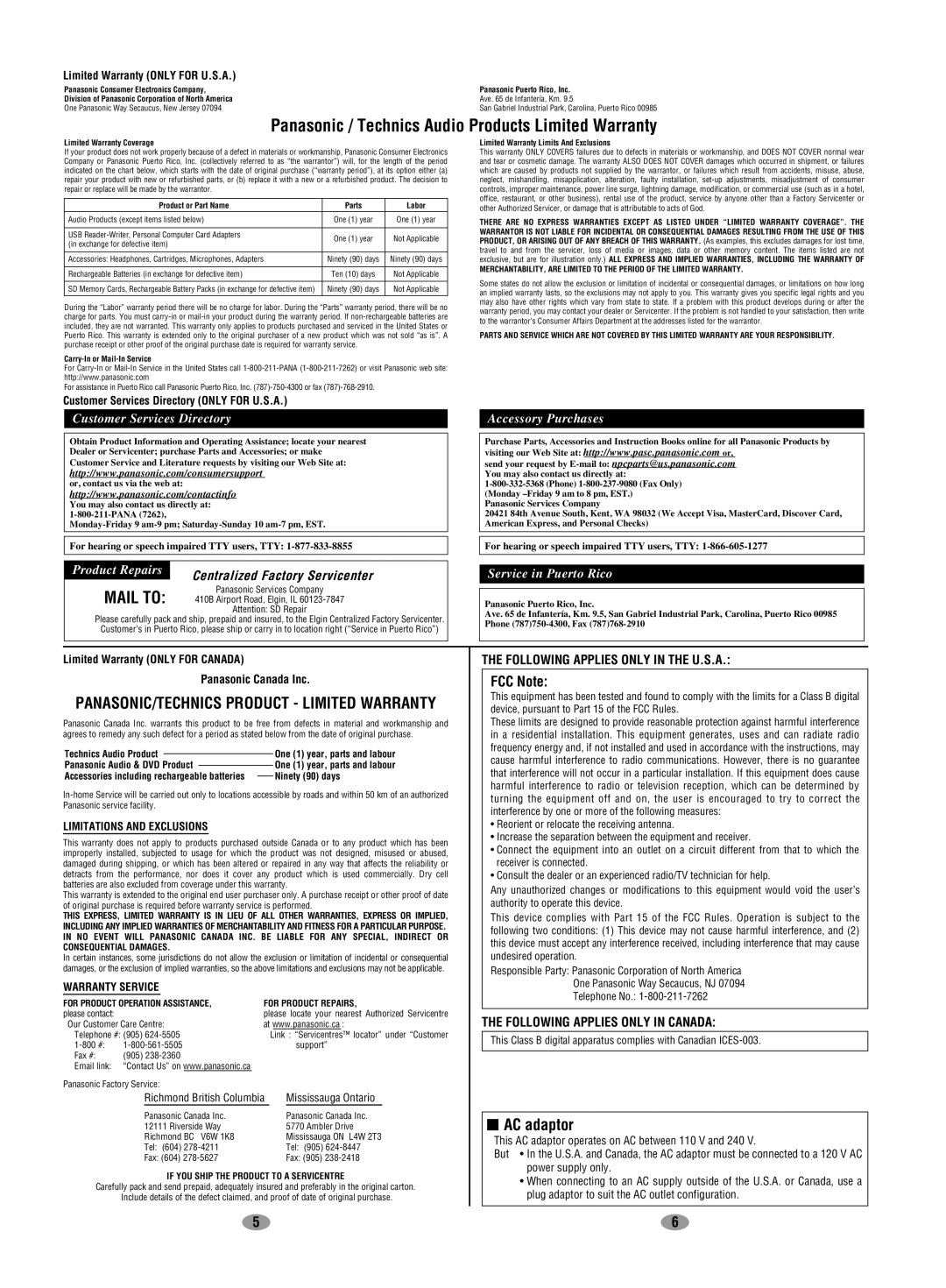 Panasonic SV-SD90 operating instructions AC adaptor, Panasonic / Technics Audio Products Limited Warranty, FCC Note 