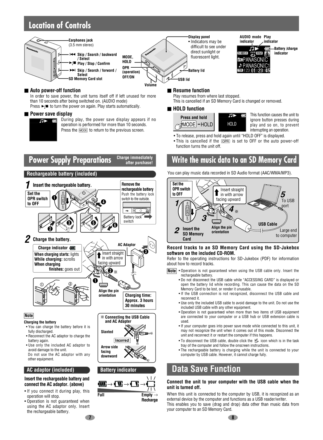 Panasonic SV-SD90 Location of Controls, Data Save Function, Rechargeable battery included, AC adaptor included 