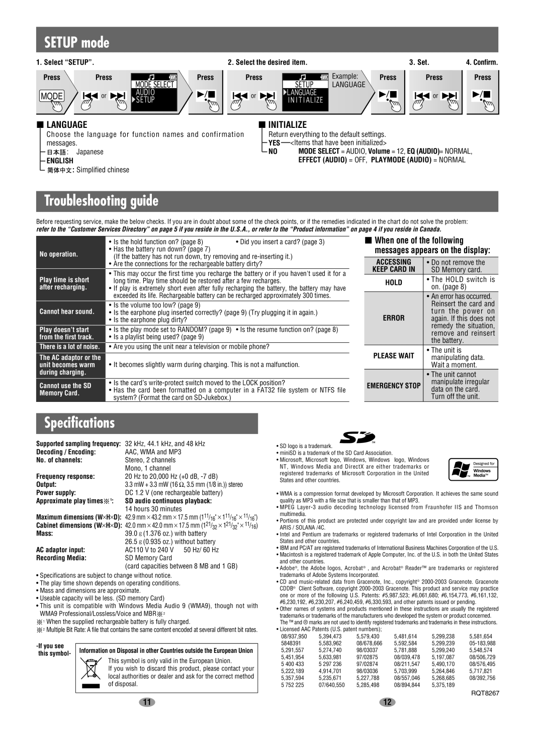 Panasonic SV-SD90 operating instructions Setup mode, Troubleshooting guide, Specifications, Language, Initialize 