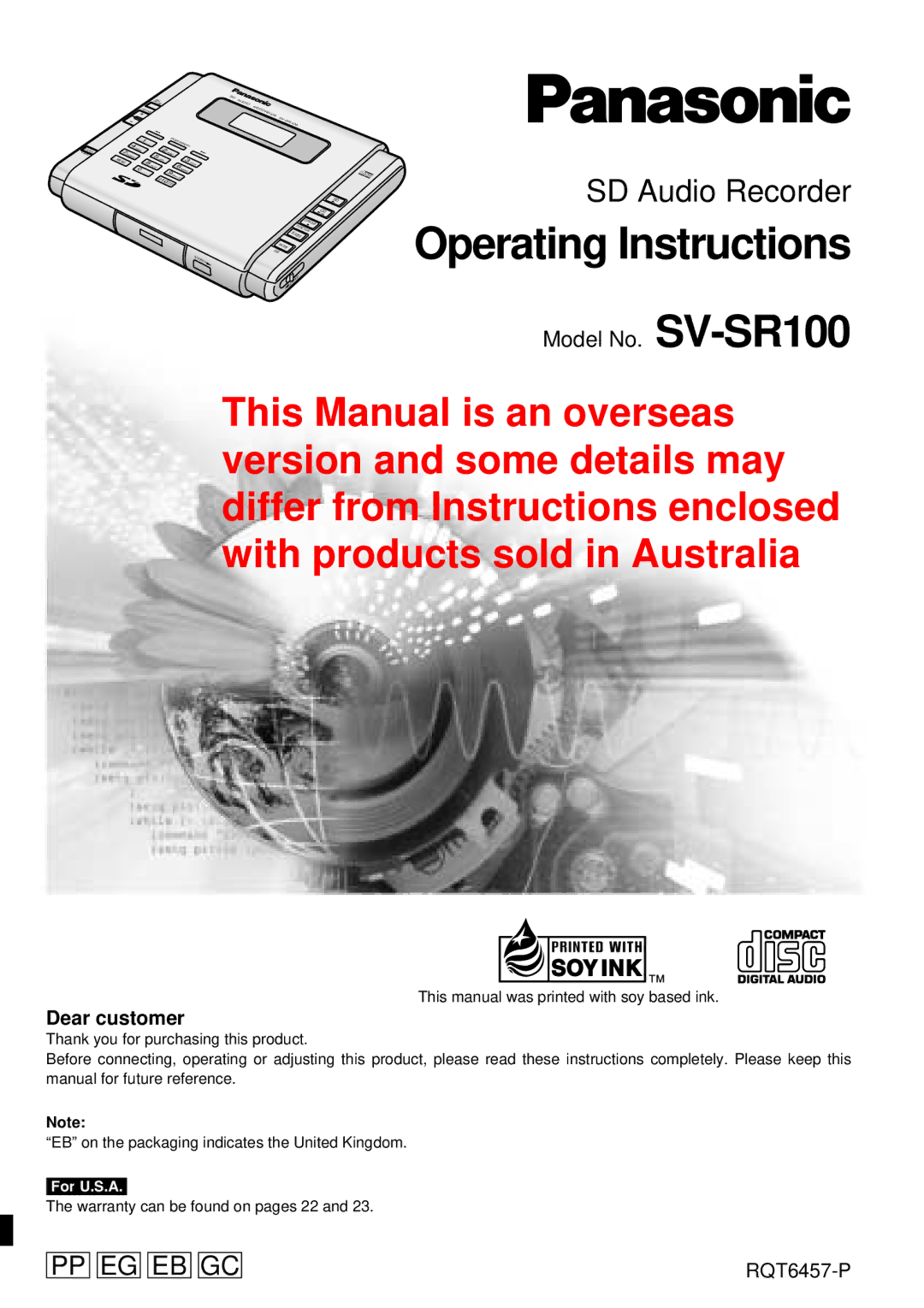 Panasonic SV-SR100 operating instructions Operating Instructions, Dear customer 