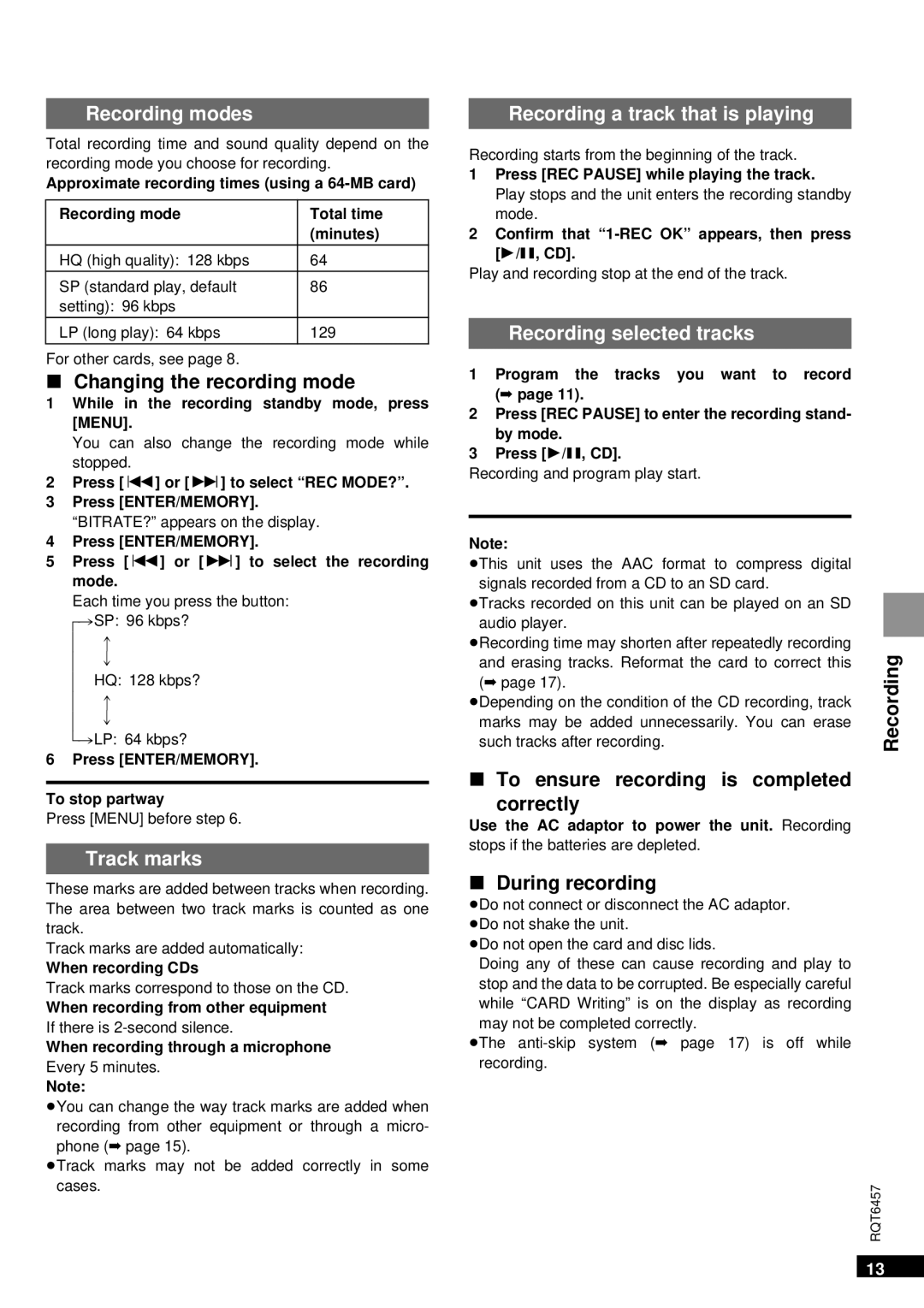 Panasonic SV-SR100 Recording modes, Track marks, Recording a track that is playing, Recording selected tracks 