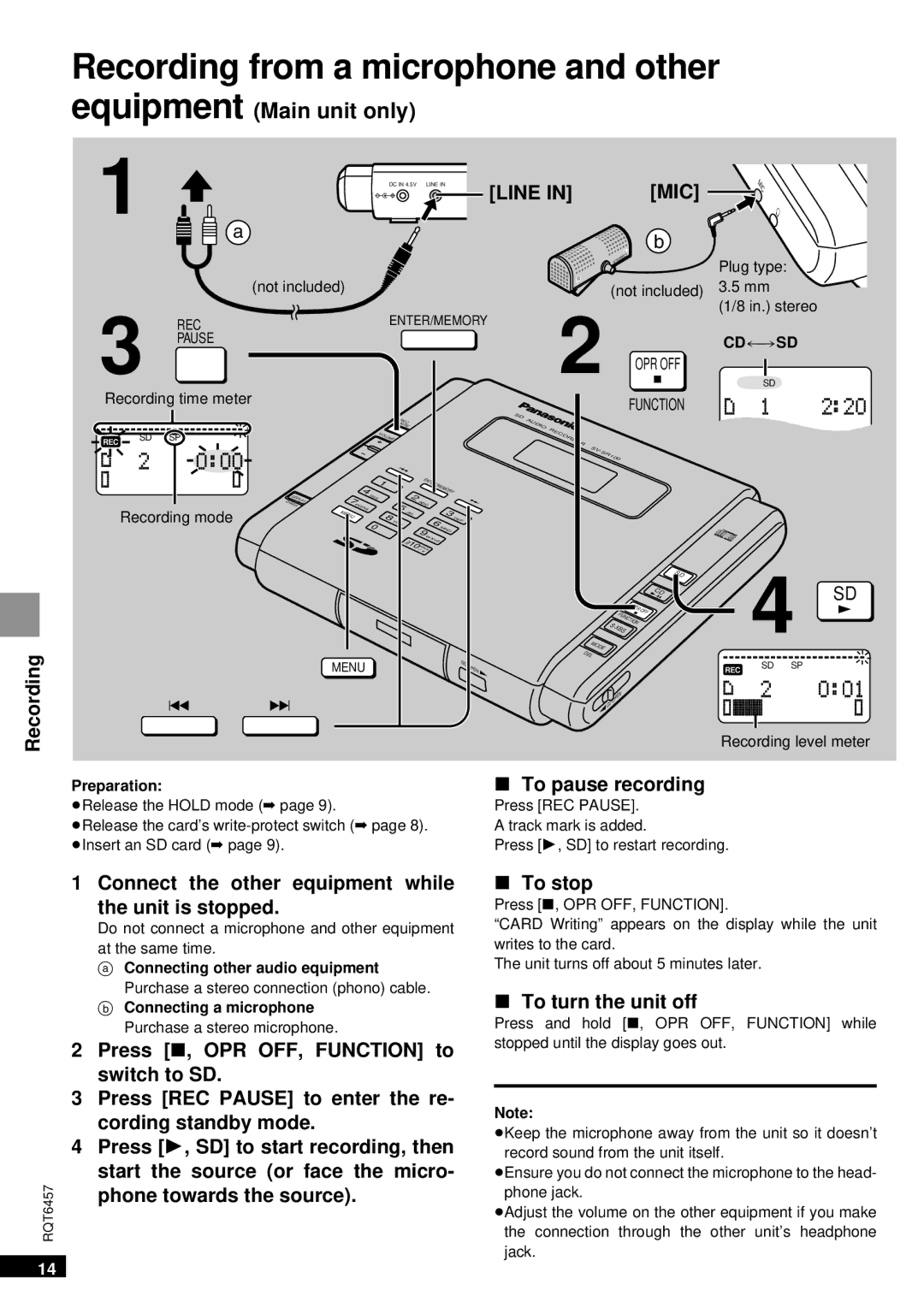 Panasonic SV-SR100 operating instructions Recording from a microphone and other equipment, Line MIC, To pause recording 