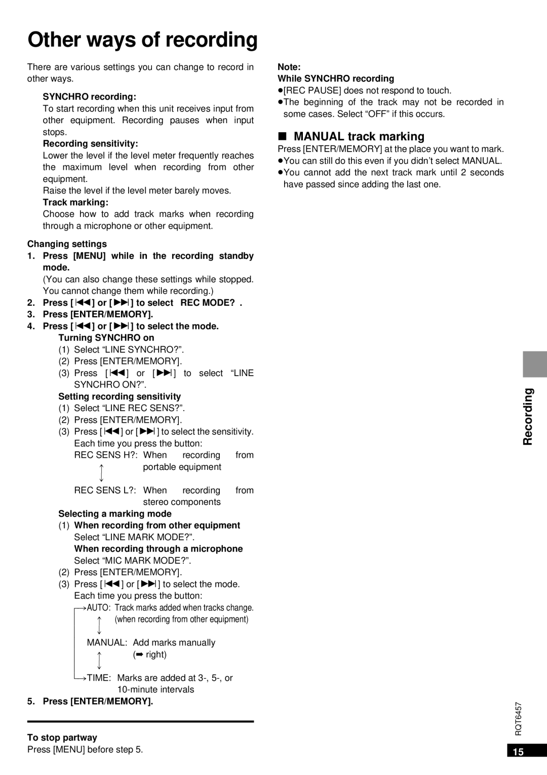 Panasonic SV-SR100 operating instructions Other ways of recording, Manual track marking 