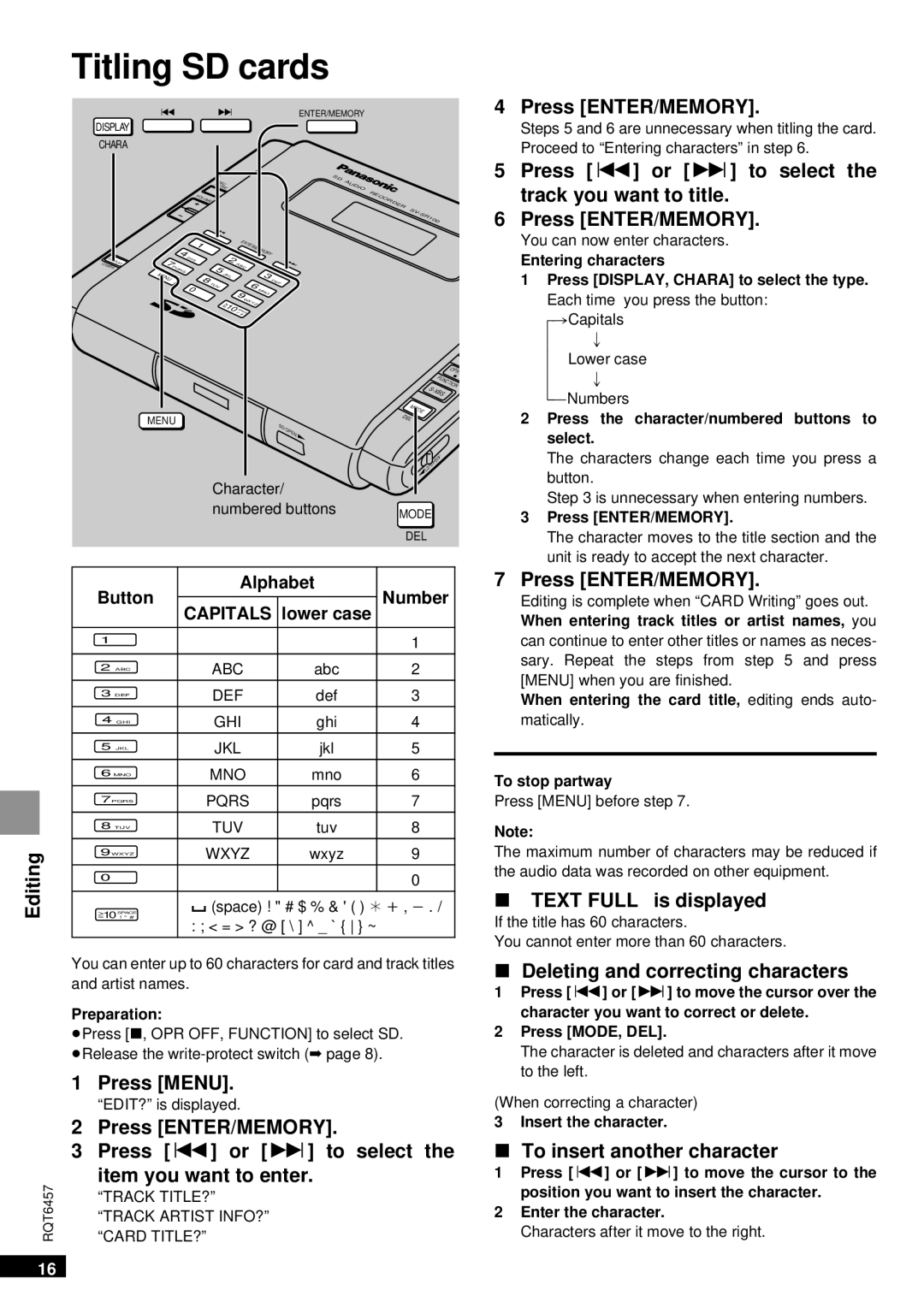 Panasonic SV-SR100 operating instructions Titling SD cards 