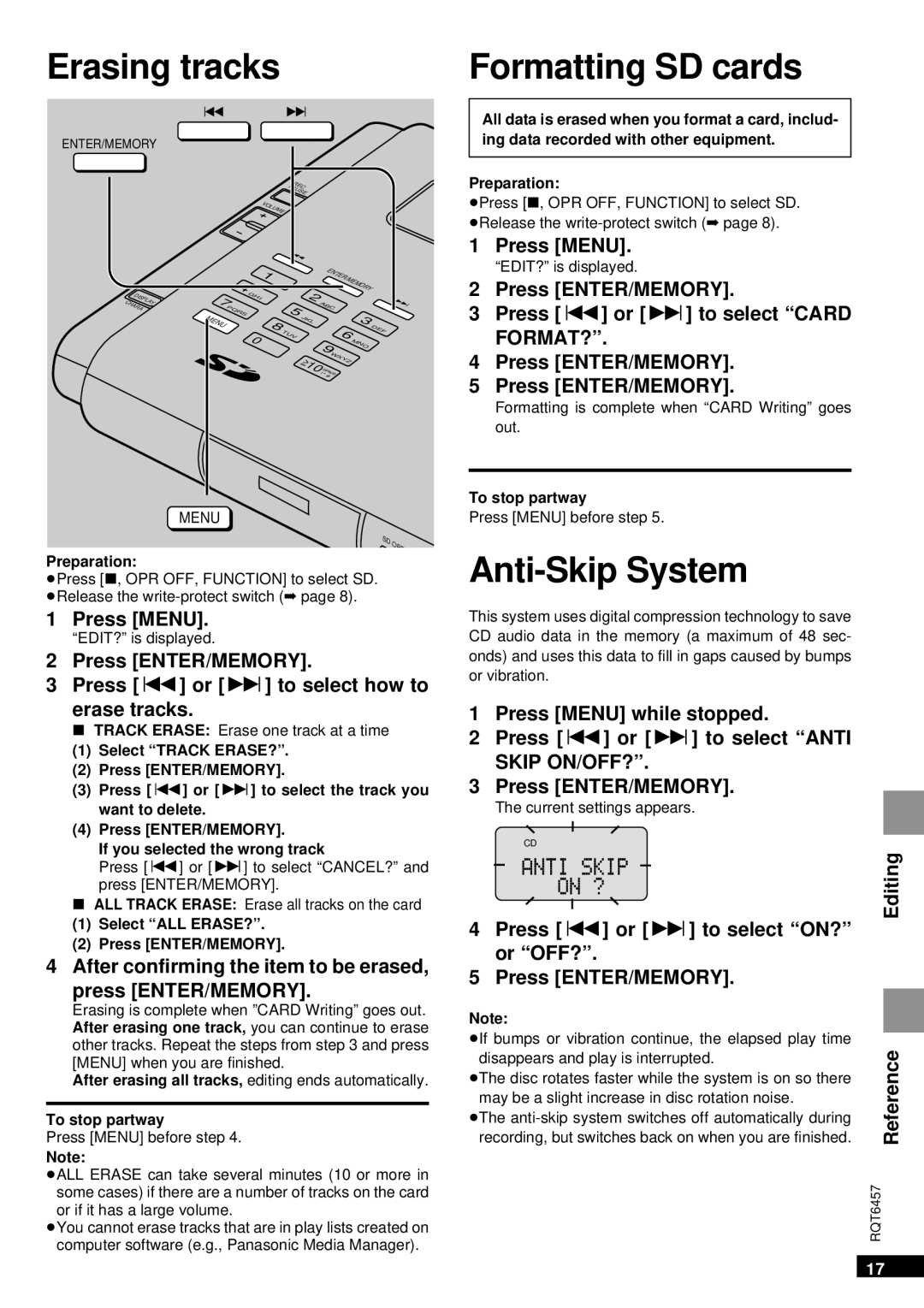 Panasonic SV-SR100 operating instructions Erasing tracks Formatting SD cards, Anti-Skip System, Format?, Skip ON/OFF? 