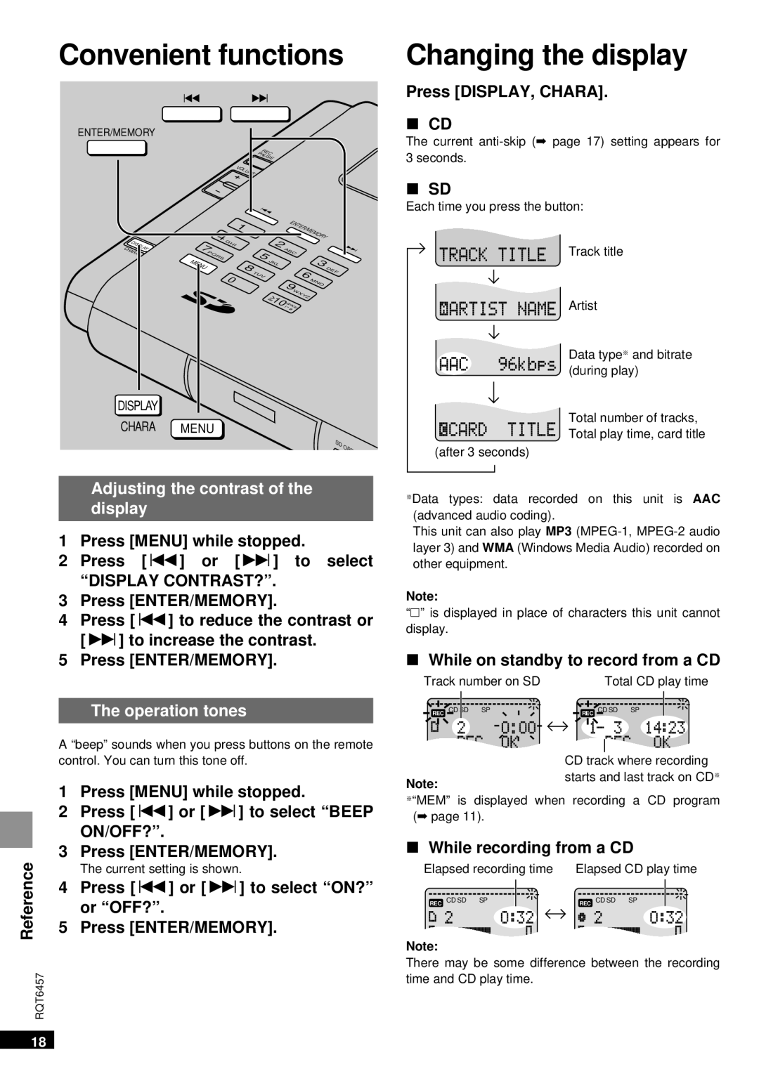 Panasonic SV-SR100 Convenient functions, Changing the display, Adjusting the contrast Display, Operation tones, On/Off? 