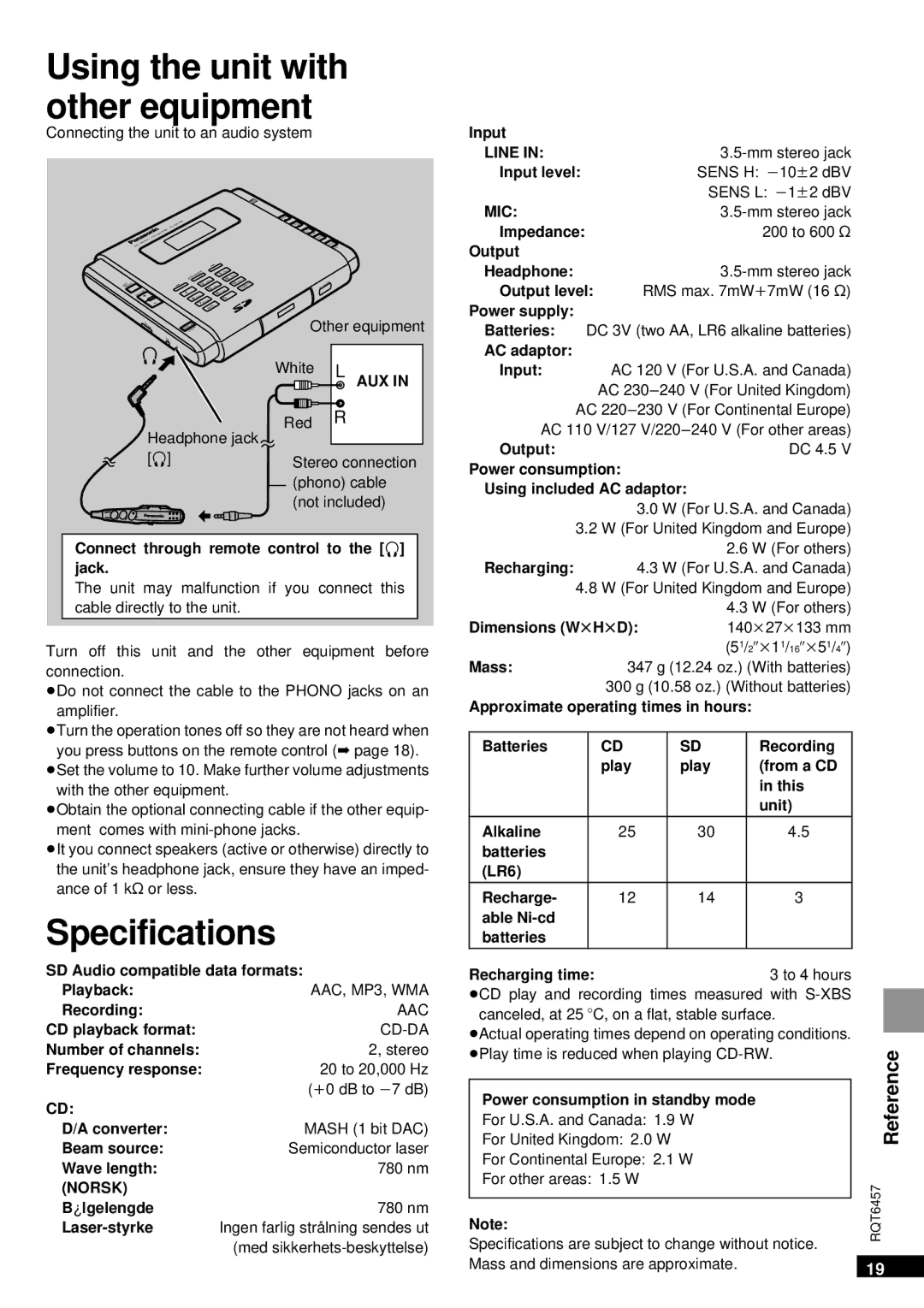 Panasonic SV-SR100 operating instructions Using the unit with other equipment, Specifications, Reference 