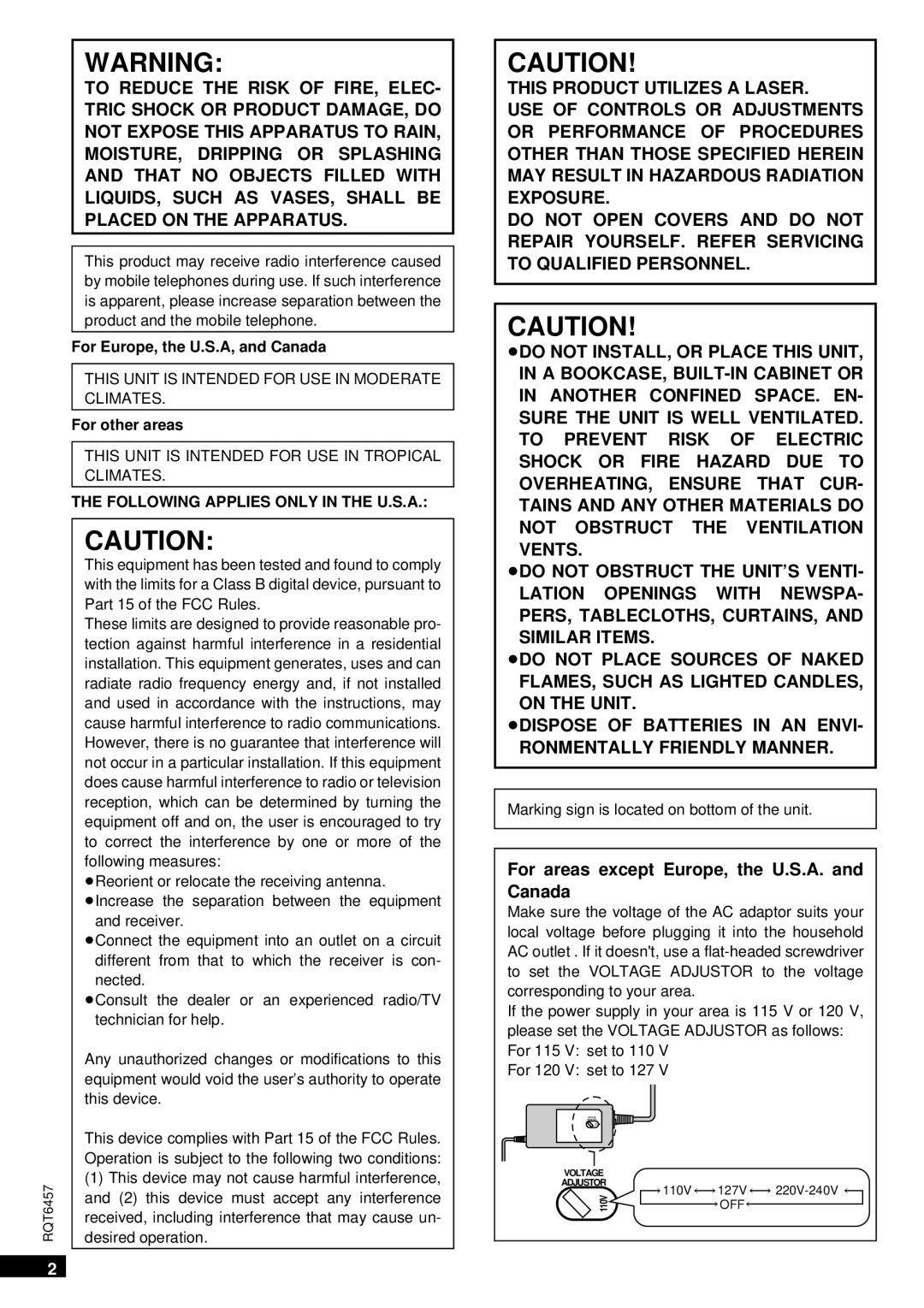 Panasonic SV-SR100 operating instructions For Europe, the U.S.A, and Canada, For other areas 