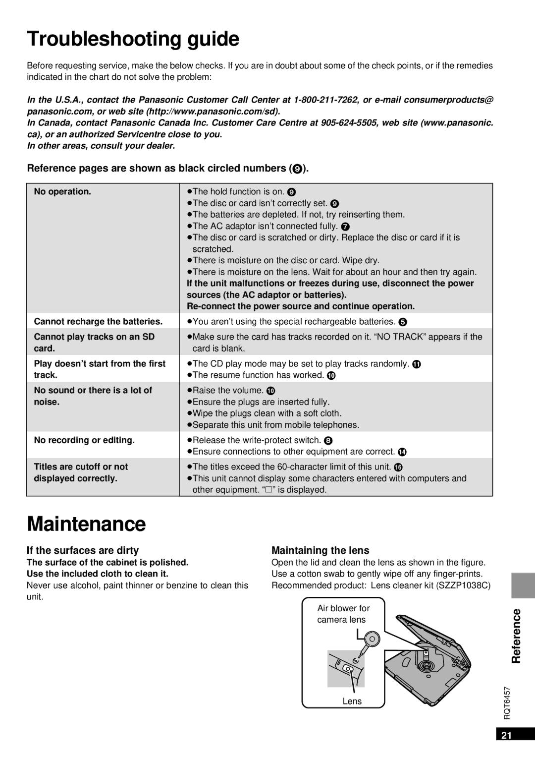 Panasonic SV-SR100 operating instructions Maintenance 