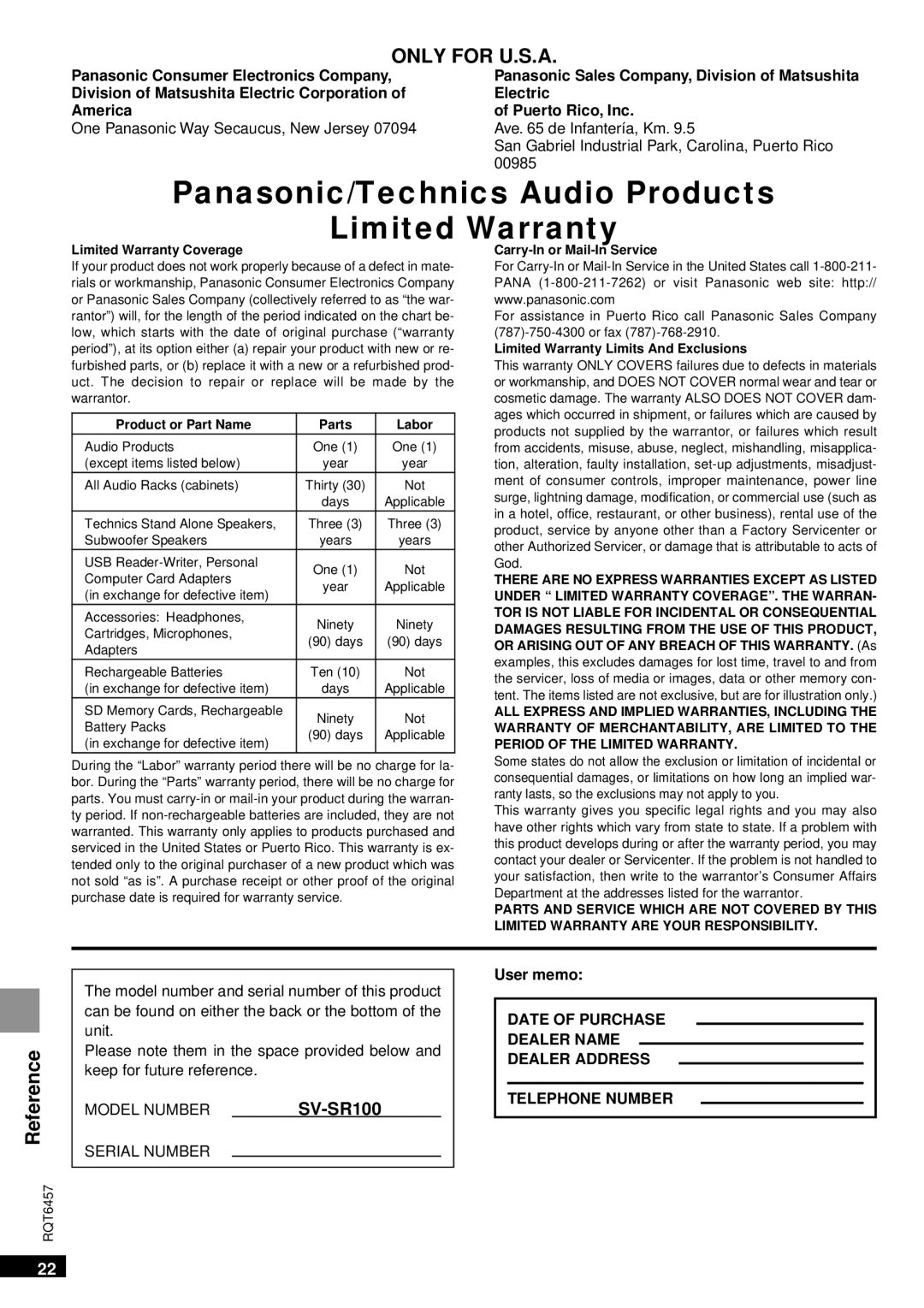 Panasonic SV-SR100 operating instructions Only for U.S.A, Panasonic Consumer Electronics Company, User memo 