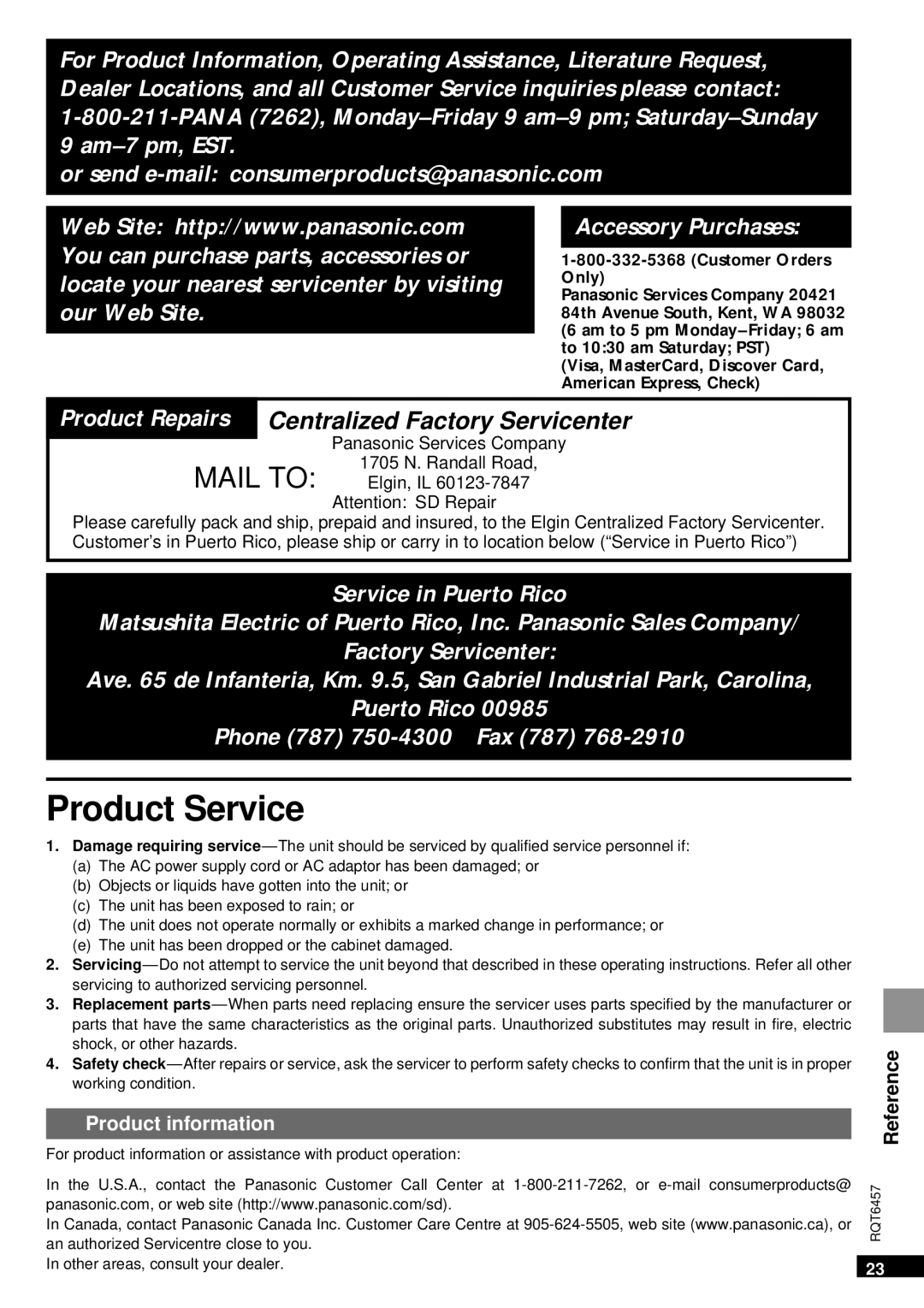 Panasonic SV-SR100 operating instructions Product Service, Product information 