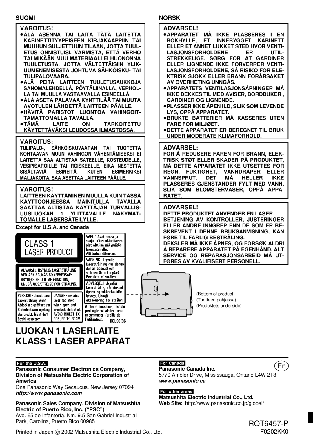 Panasonic SV-SR100 operating instructions Except for U.S.A. and Canada, Panasonic Canada Inc 