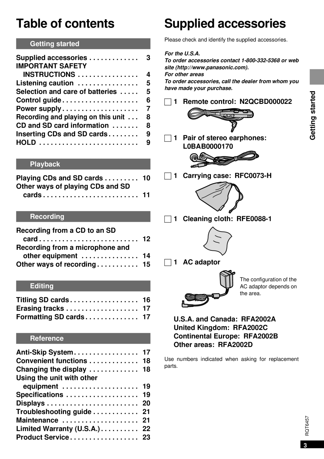 Panasonic SV-SR100 operating instructions Table of contents, Supplied accessories 