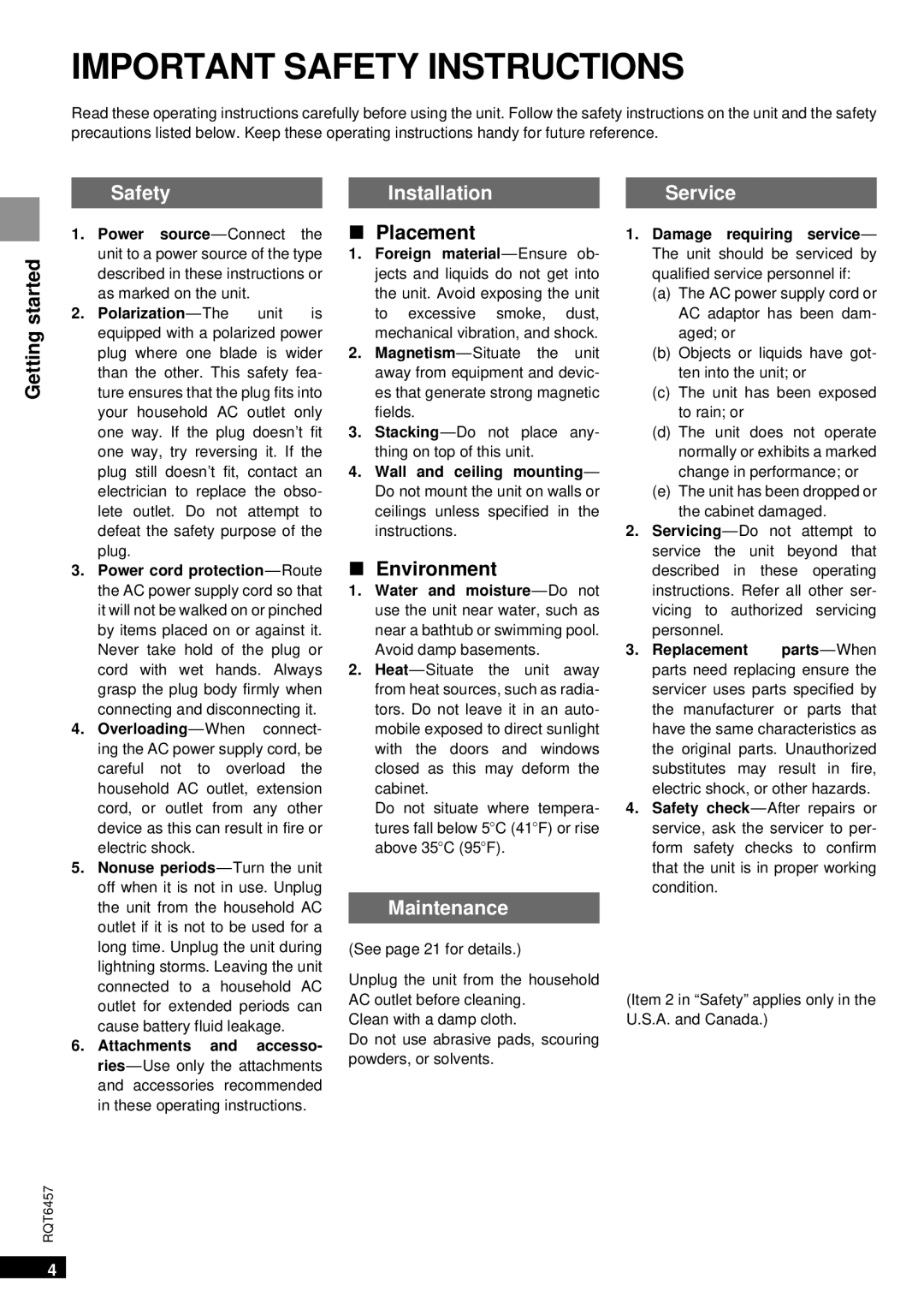 Panasonic SV-SR100 operating instructions Safety, Installation, Maintenance, Service 