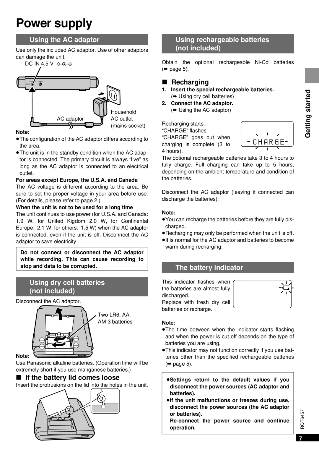 Panasonic SV-SR100 Power supply, Using the AC adaptor, Using dry cell batteries Not included, Battery indicator 