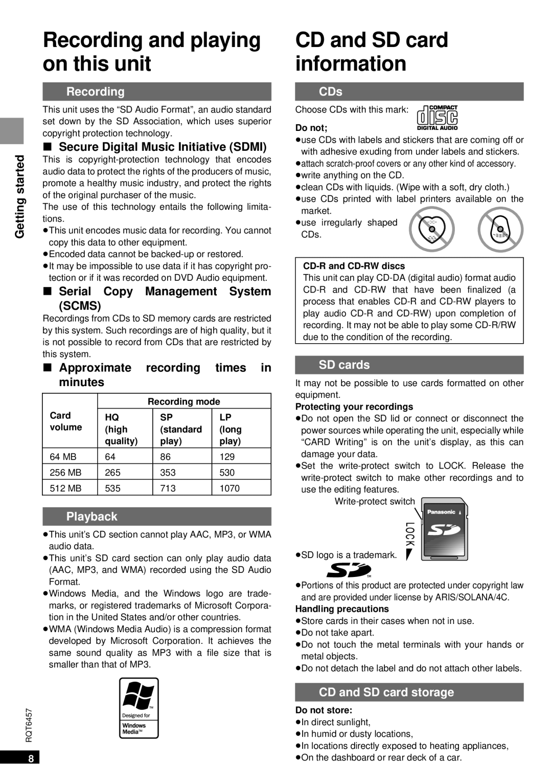 Panasonic SV-SR100 operating instructions Recording and playing on this unit, CD and SD card information, Scms 