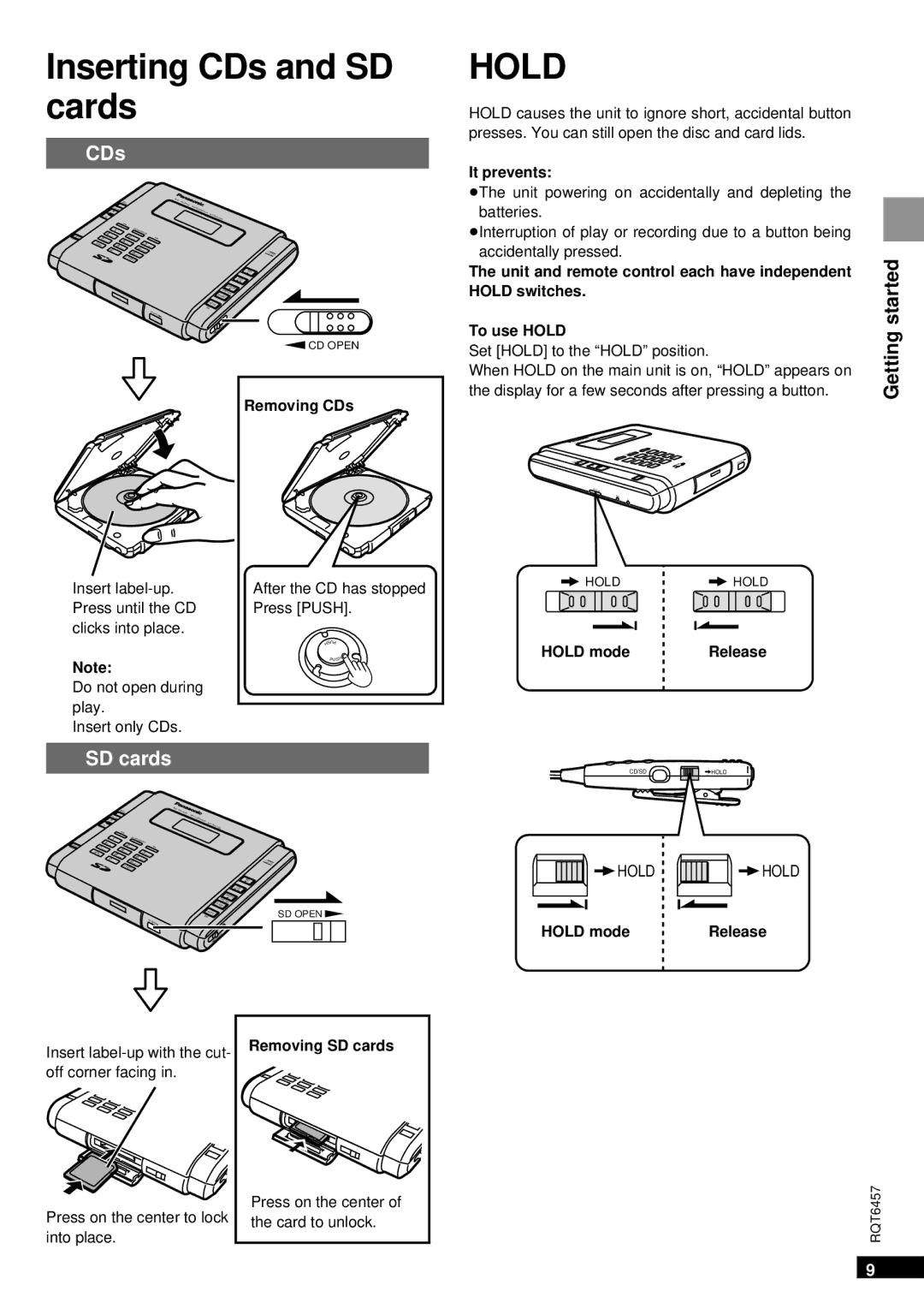 Panasonic SV-SR100 operating instructions Inserting CDs and SD cards 