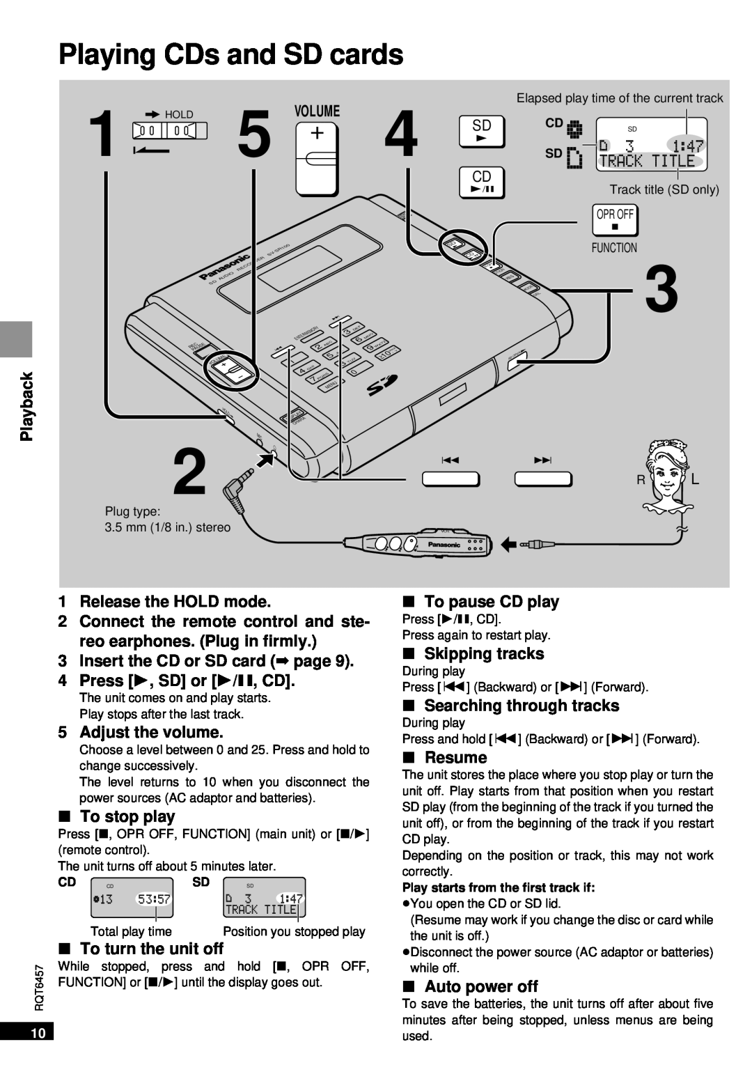 Panasonic SV-SR100 operating instructions Playing CDs and SD cards 