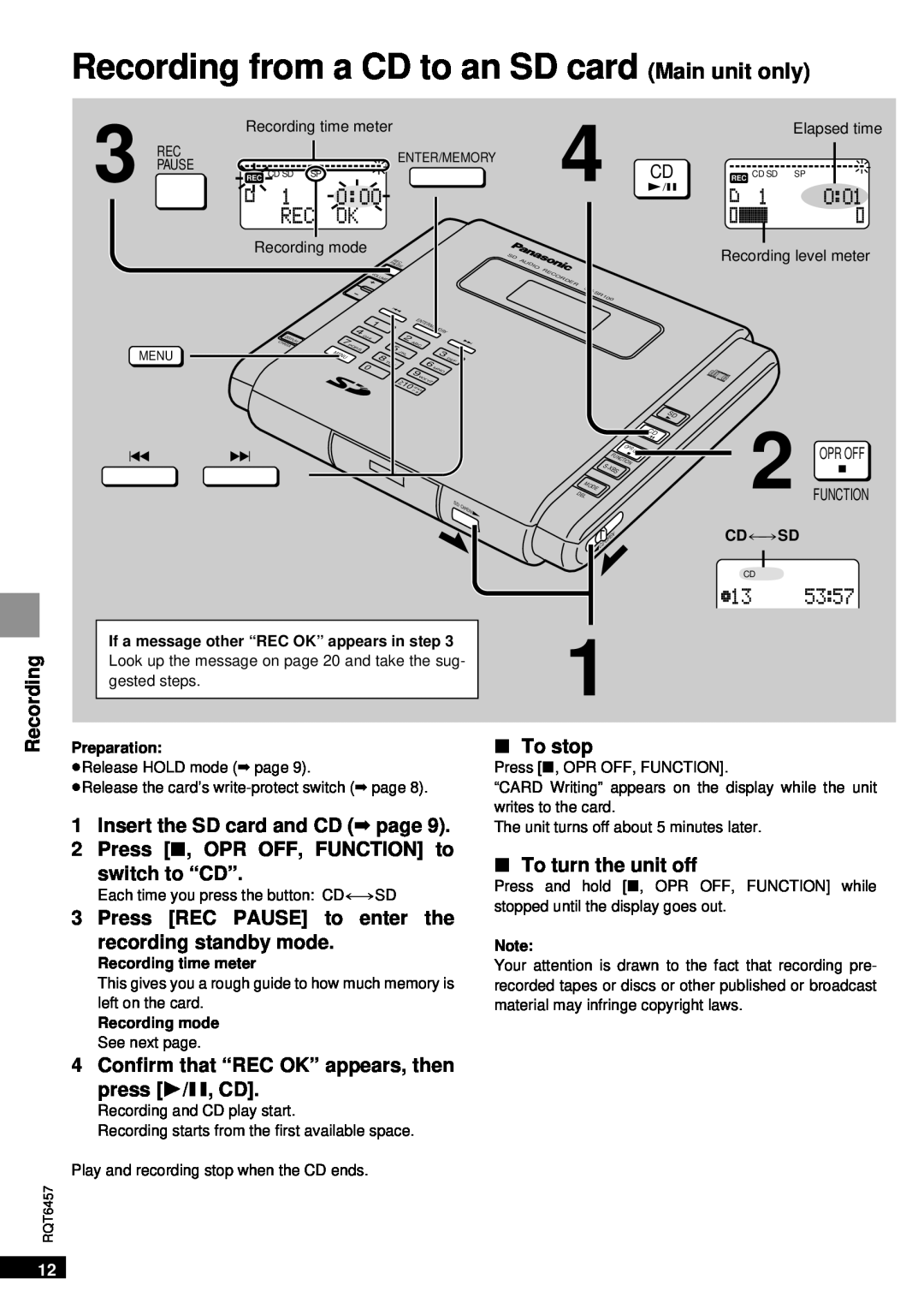 Panasonic SV-SR100 operating instructions Recording from a CD to an SD card Main unit only, Opr Off, Function 