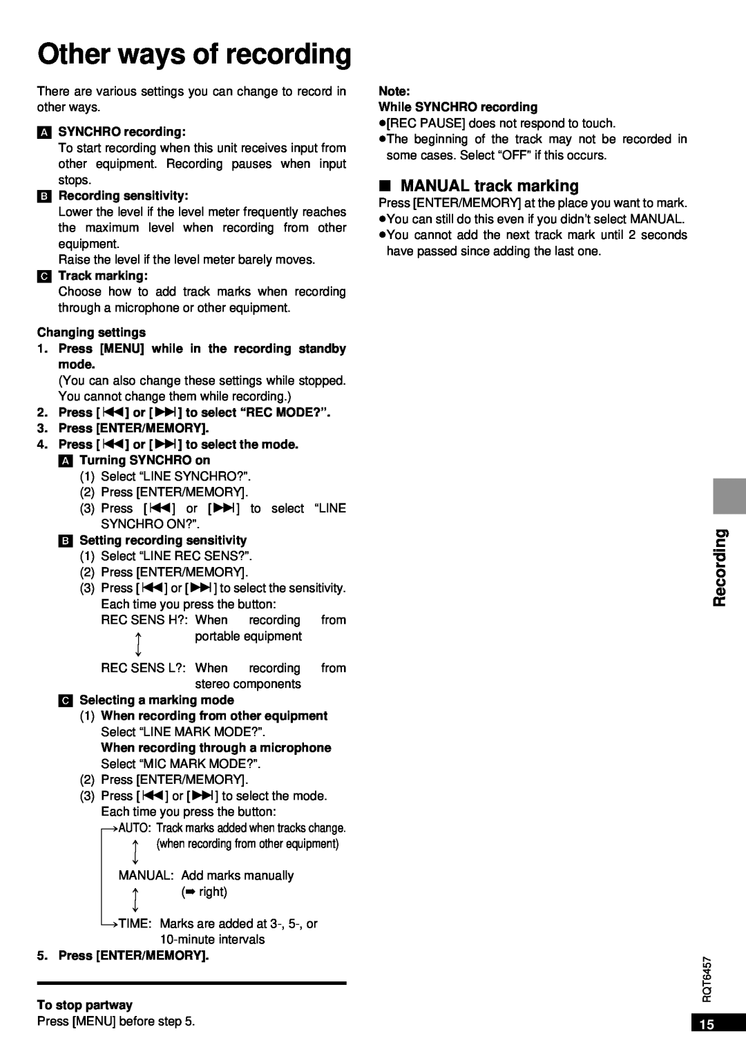Panasonic SV-SR100 operating instructions Other ways of recording 