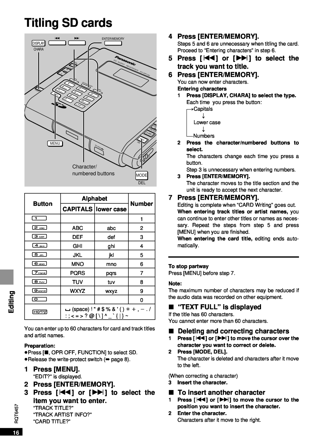 Panasonic SV-SR100 operating instructions Titling SD cards 