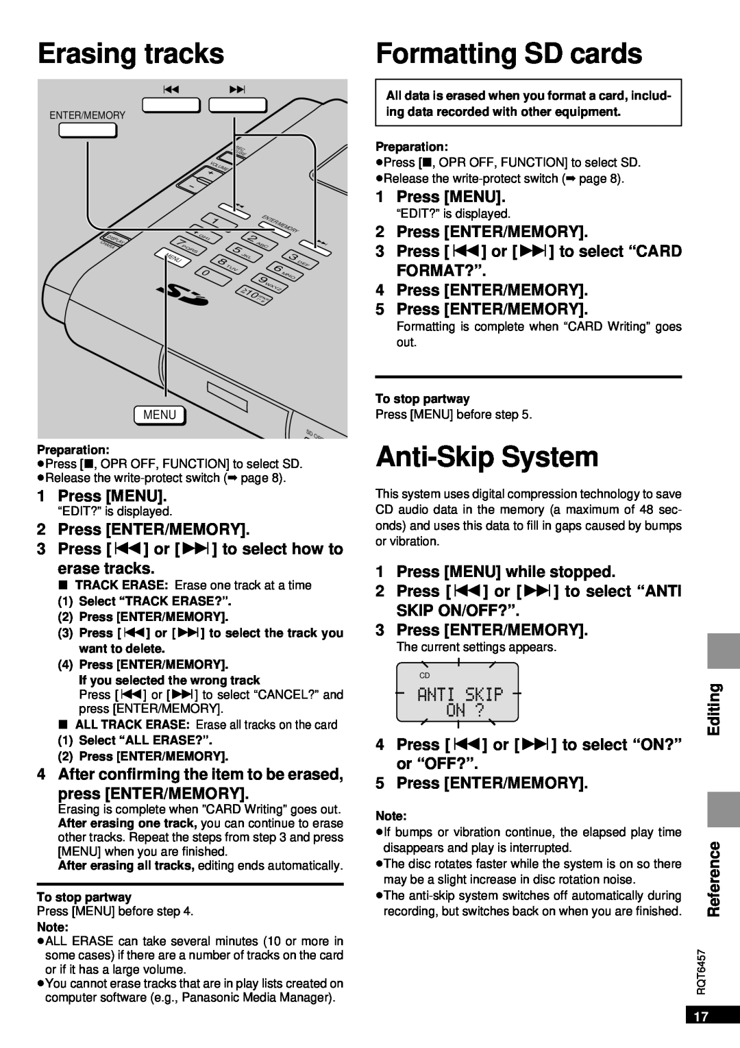 Panasonic SV-SR100 operating instructions Erasing tracks, Formatting SD cards, Anti-Skip System, Reference 