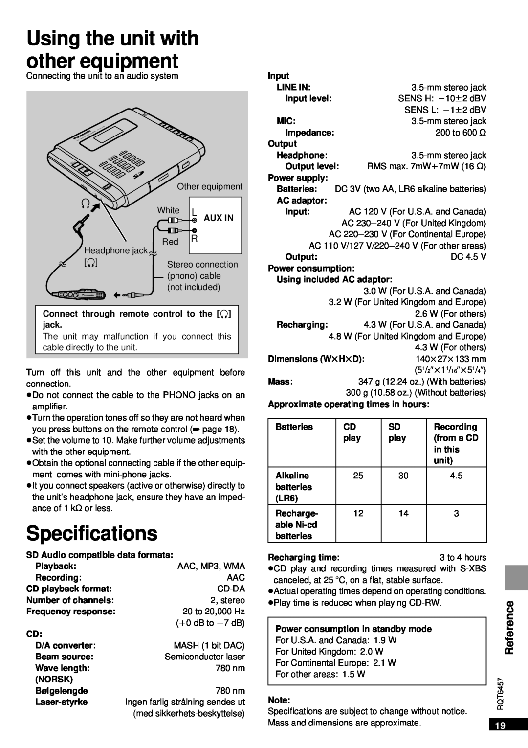 Panasonic SV-SR100 operating instructions Using the unit with other equipment, Specifications, Reference 