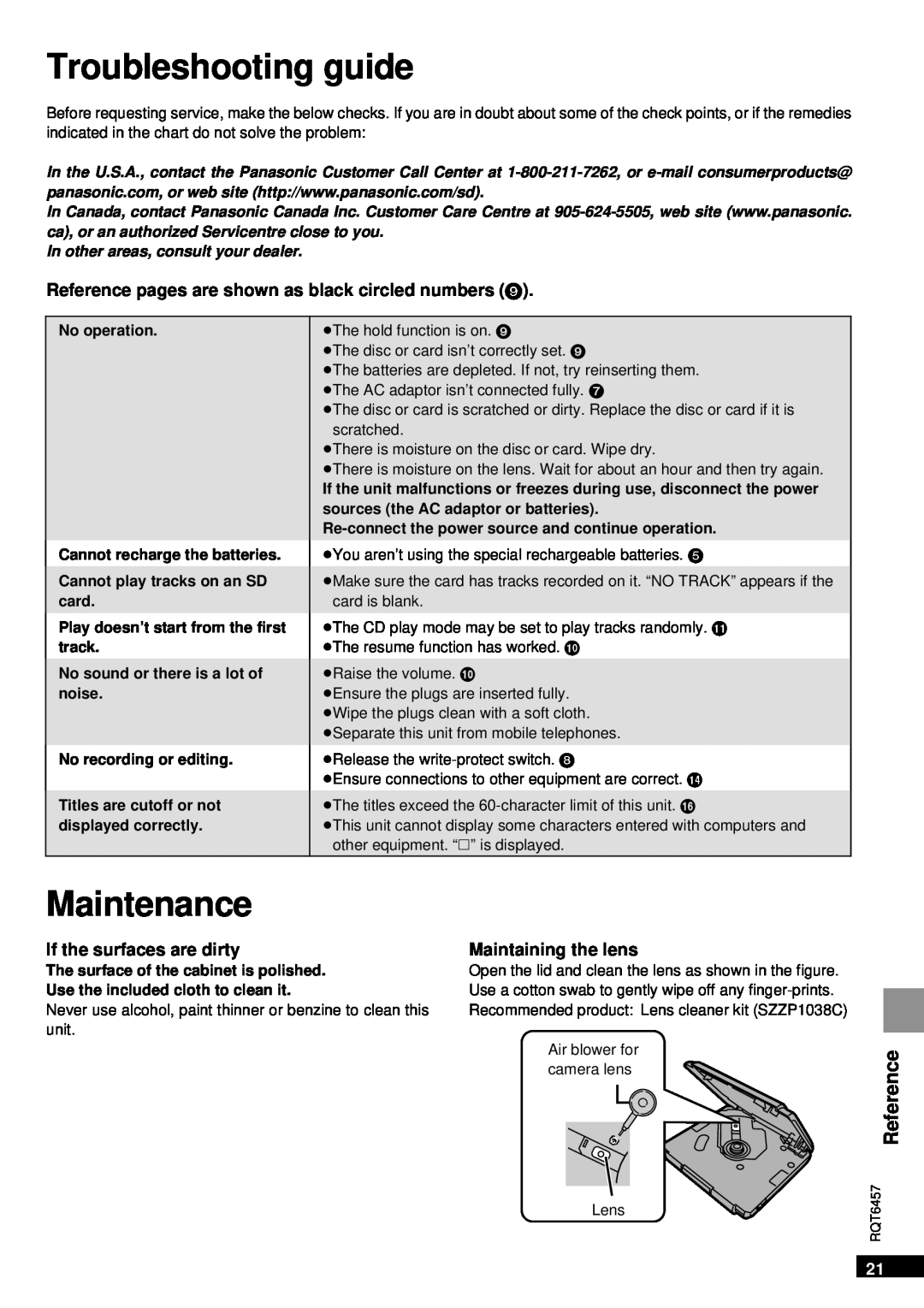 Panasonic SV-SR100 operating instructions Maintenance, If the surfaces are dirty, Maintaining the lens 