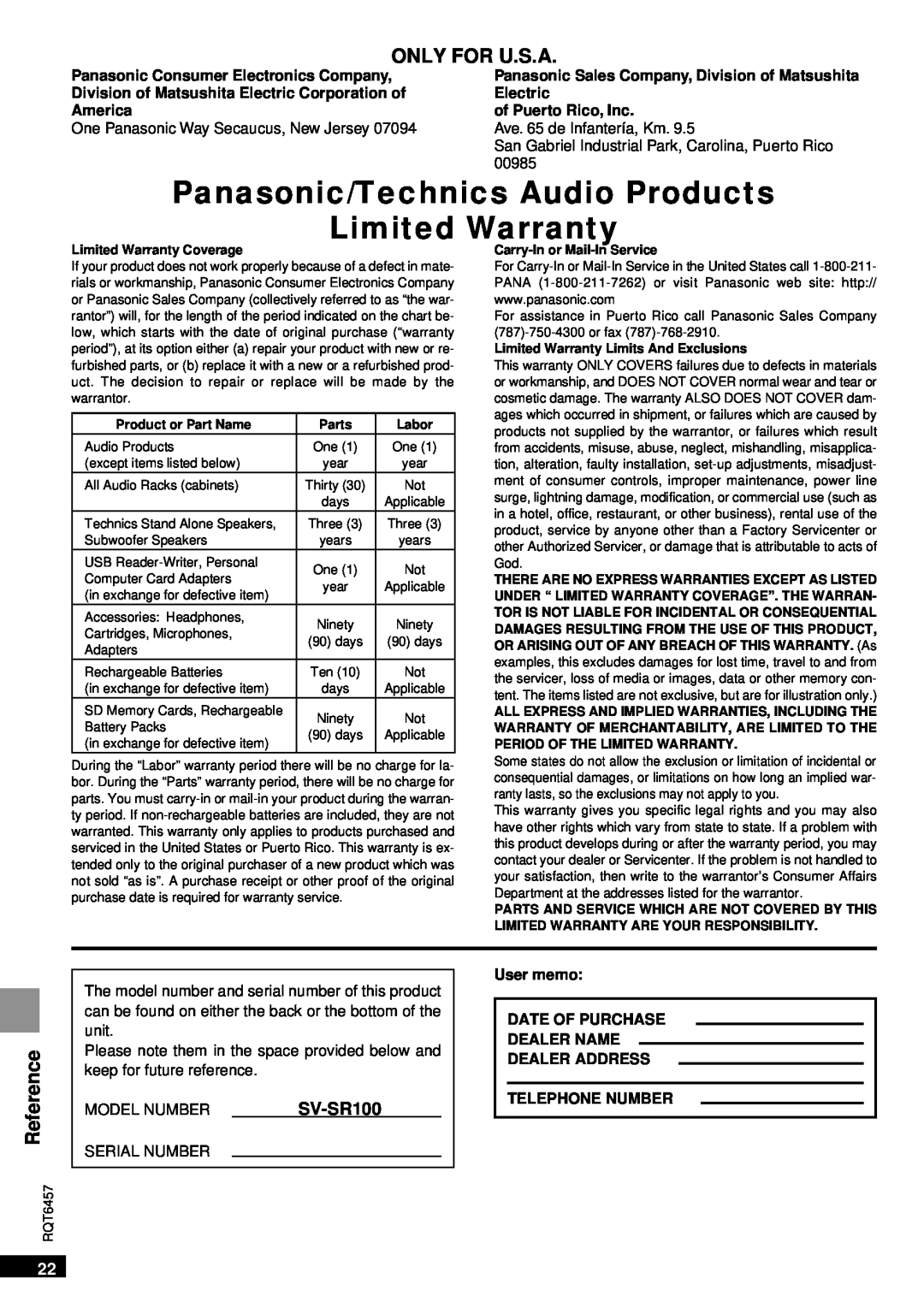 Panasonic SV-SR100 operating instructions Panasonic/Technics Audio Products Limited Warranty 