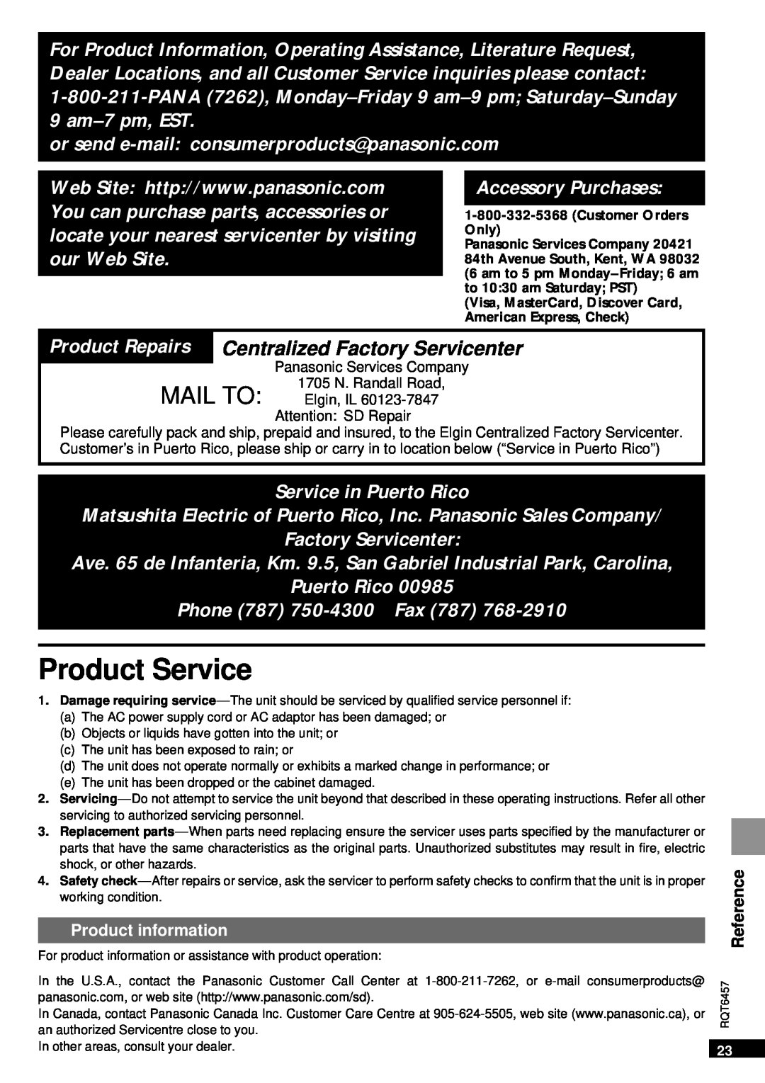 Panasonic SV-SR100 operating instructions Product Service, Mail To, Centralized Factory Servicenter 