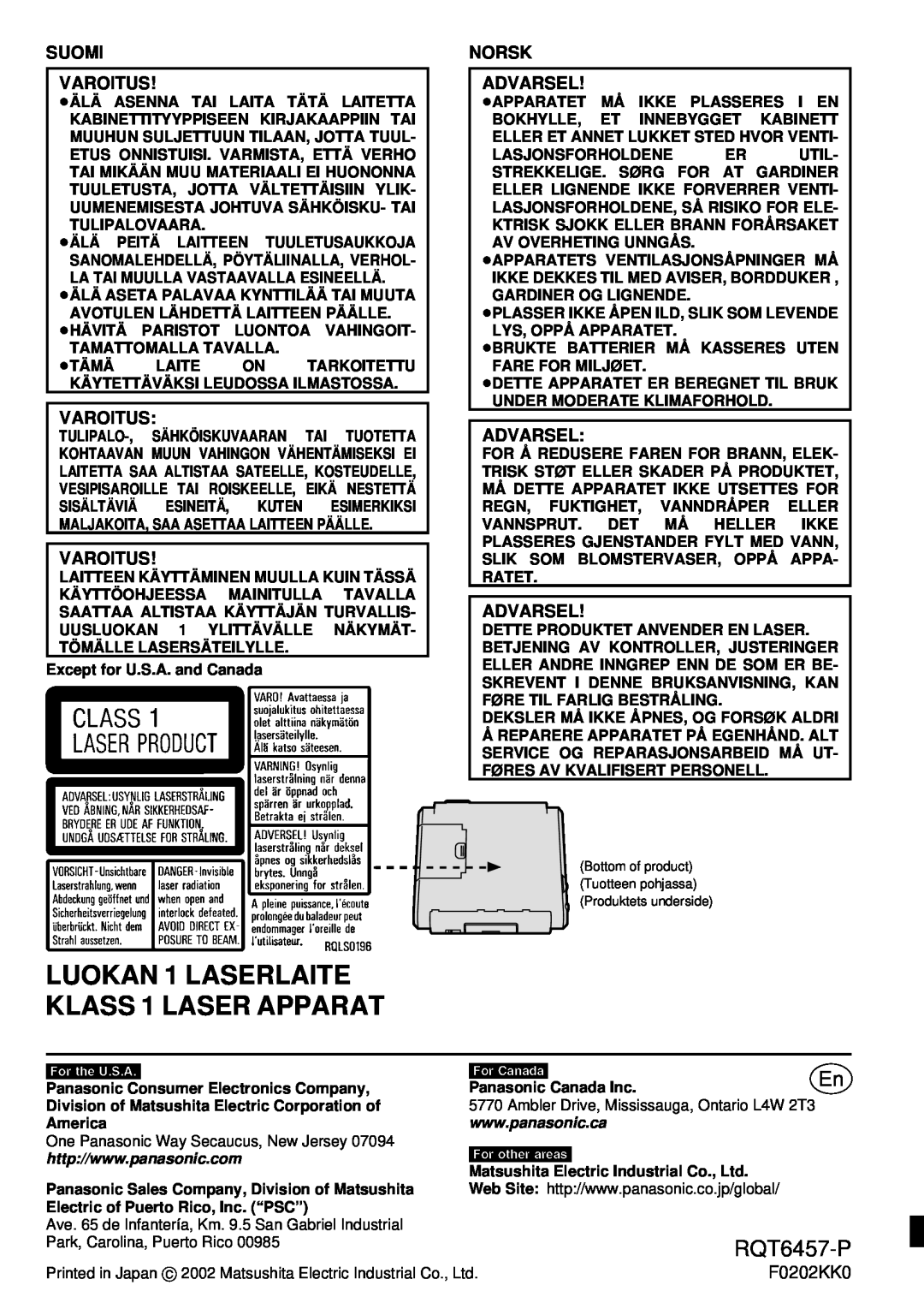 Panasonic SV-SR100 operating instructions LUOKAN 1 LASERLAITE KLASS 1 LASER APPARAT, RQT6457-P, F0202KK0, For\Canada 