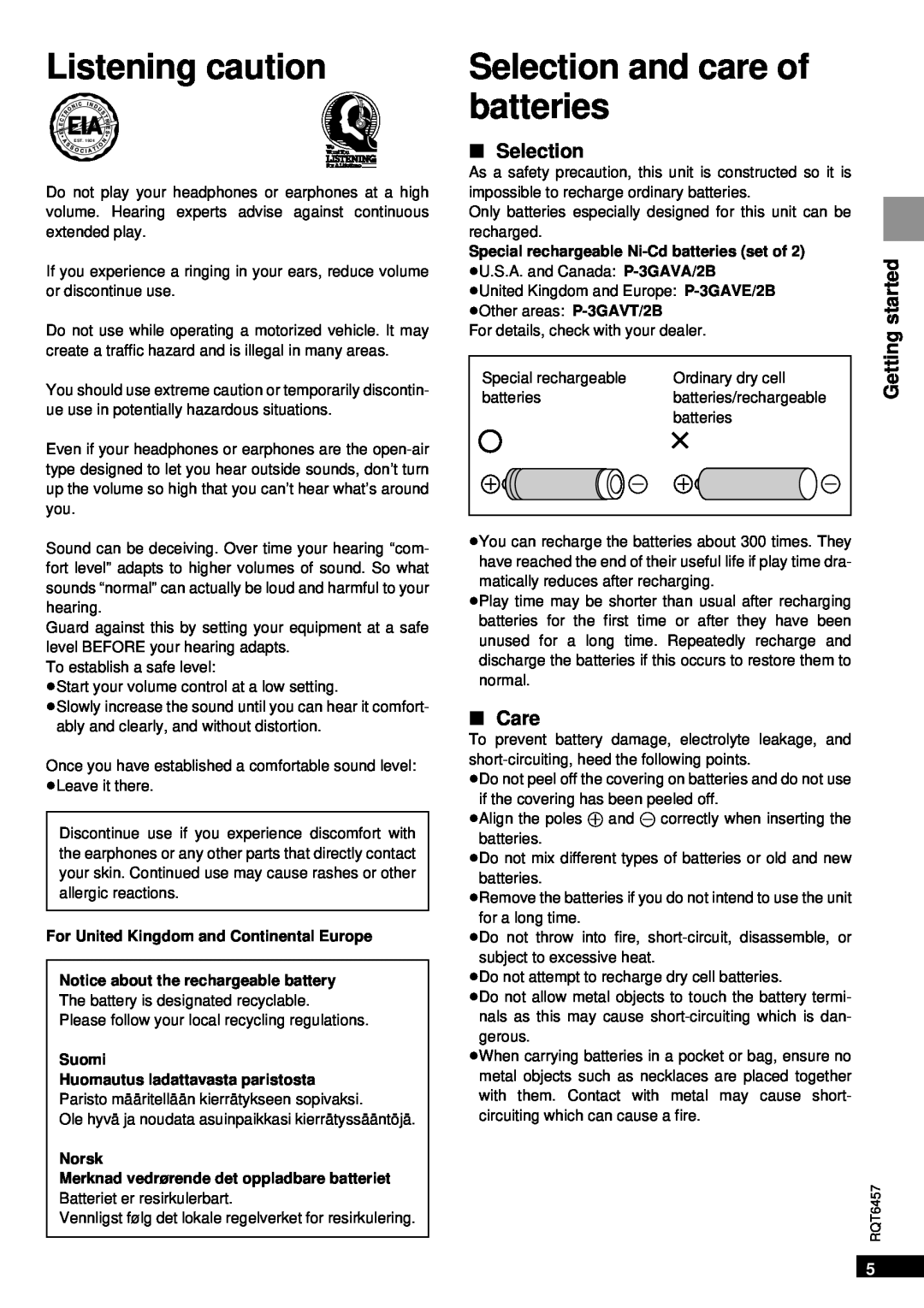 Panasonic SV-SR100 operating instructions Listening caution, Selection and care of batteries, ∫ Selection, ∫ Care, Getting 